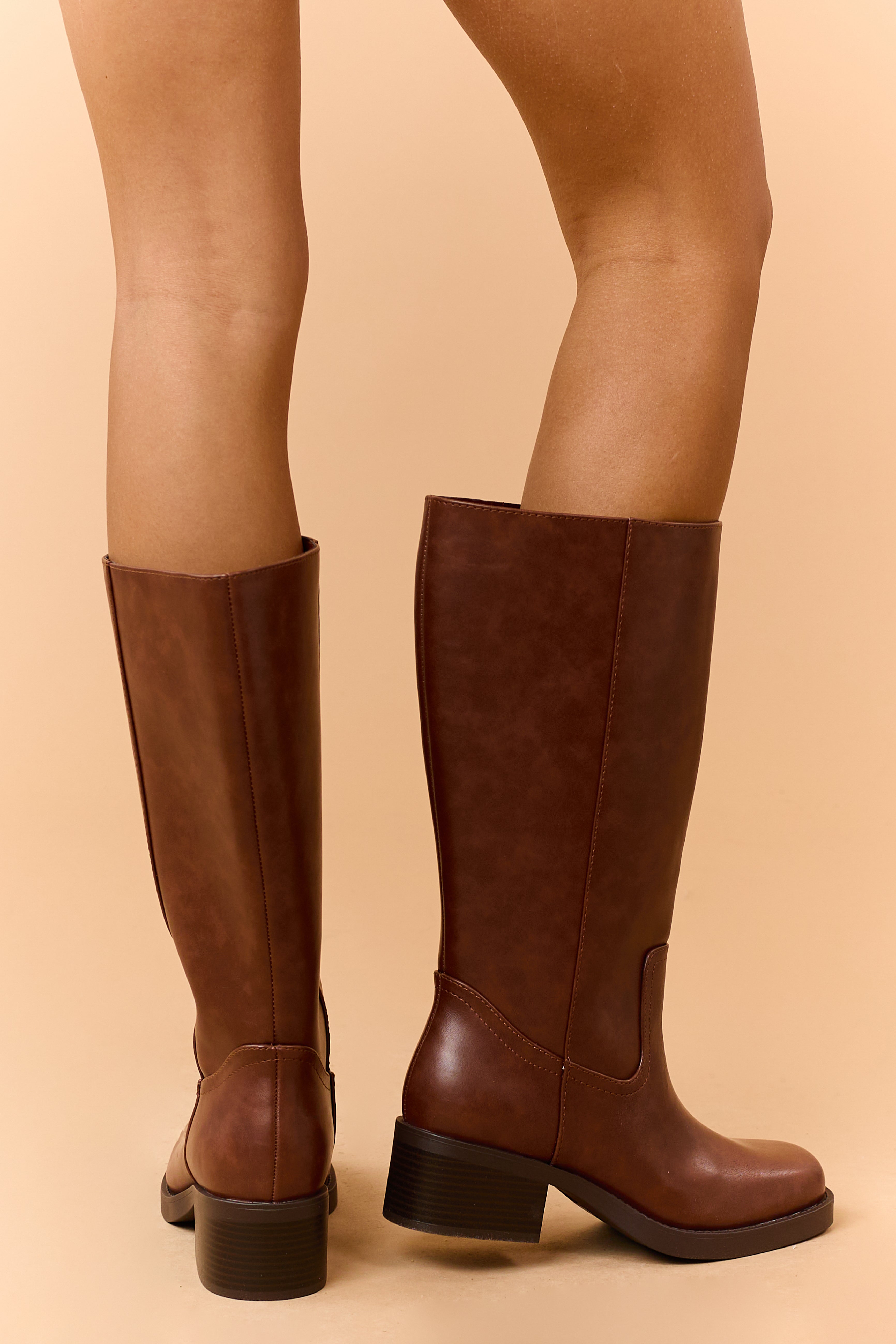 Cinnamon Faux Leather Block Heel Tall Riding Boots
