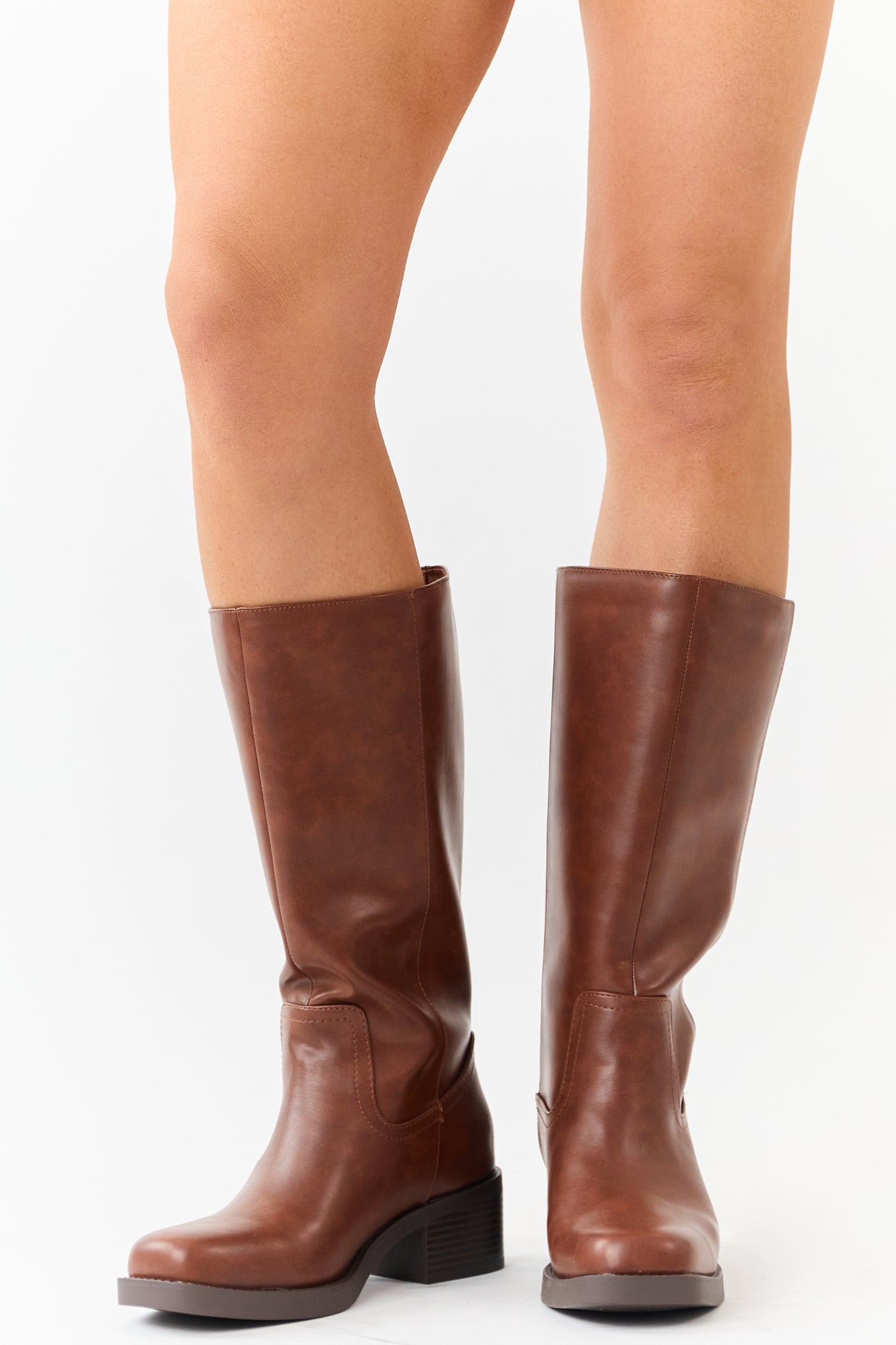 Cinnamon Faux Leather Block Heel Tall Riding Boots