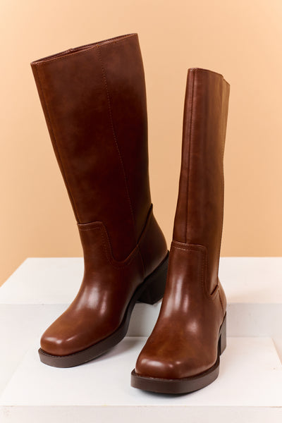 Cinnamon Faux Leather Block Heel Tall Riding Boots