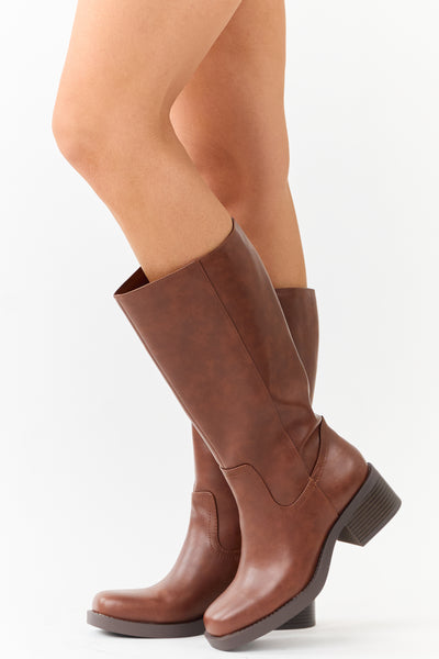 Cinnamon Faux Leather Block Heel Tall Riding Boots