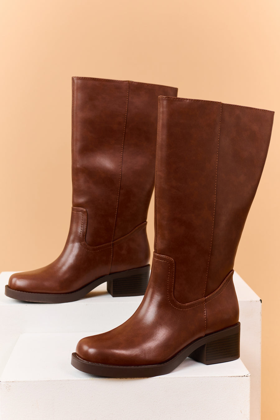Cinnamon Faux Leather Block Heel Tall Riding Boots