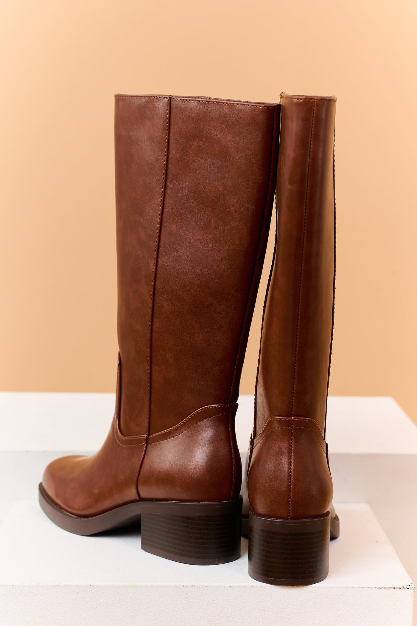 Cinnamon Faux Leather Block Heel Tall Riding Boots