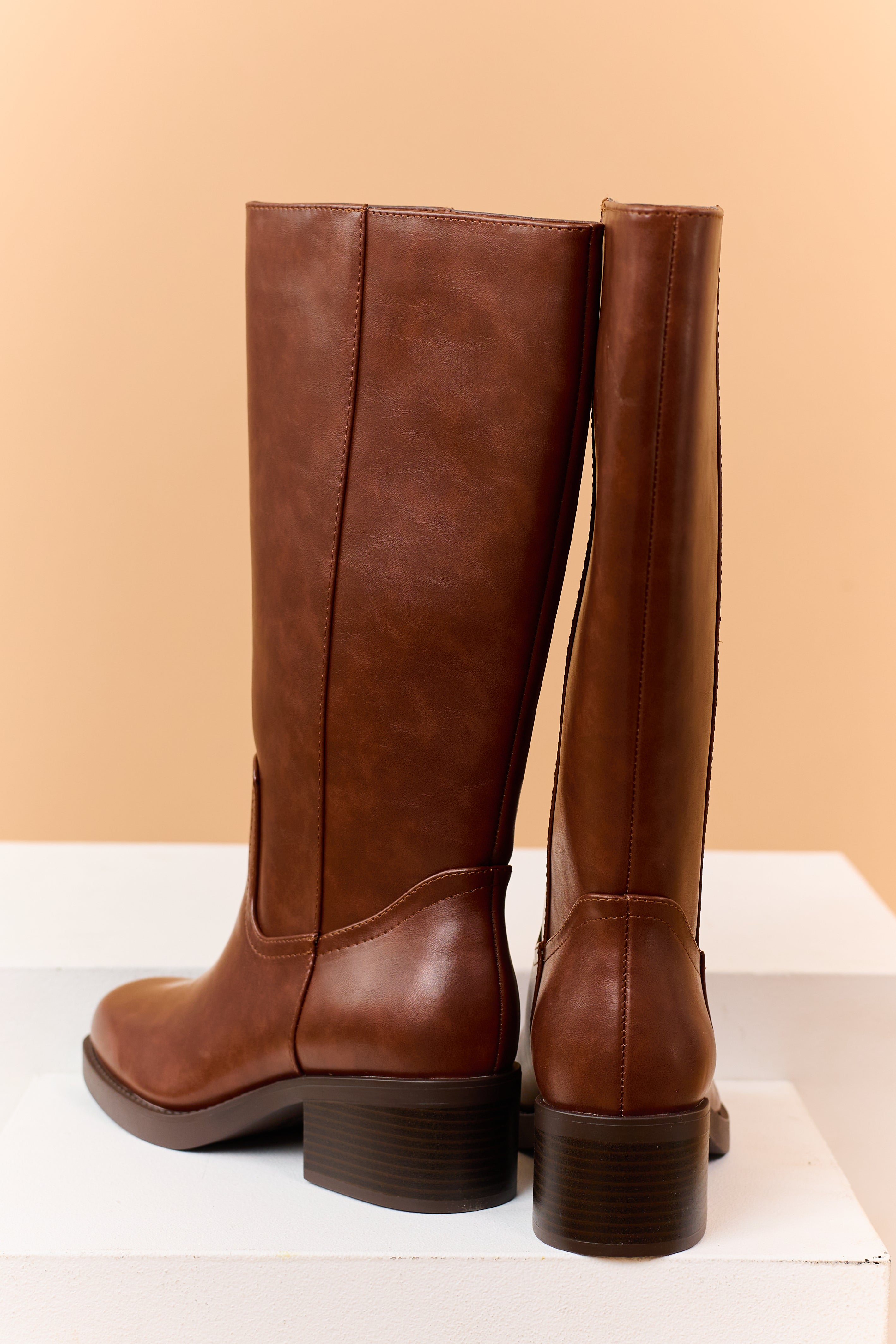 Cinnamon Faux Leather Block Heel Tall Riding Boots