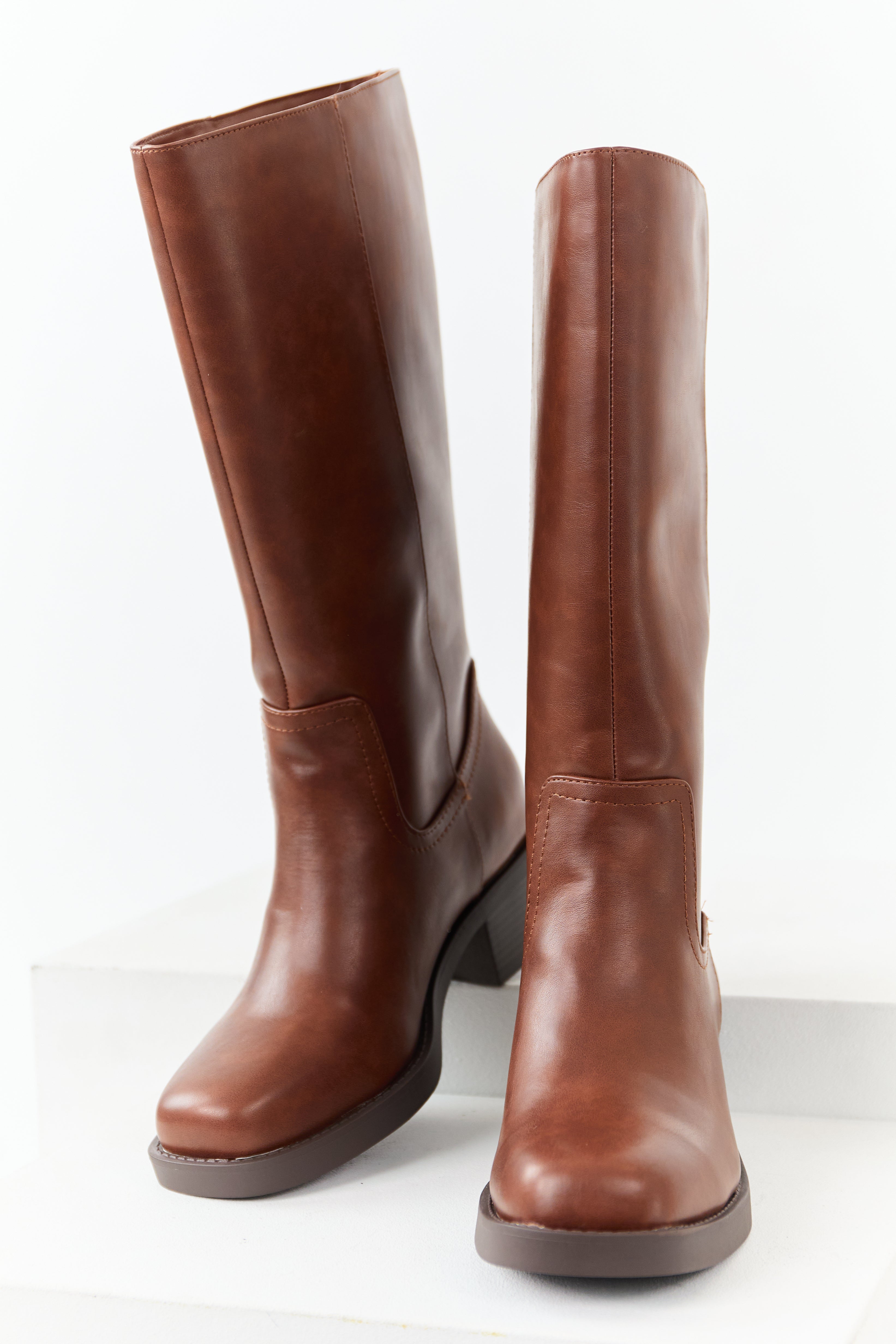 Cinnamon Faux Leather Block Heel Tall Riding Boots