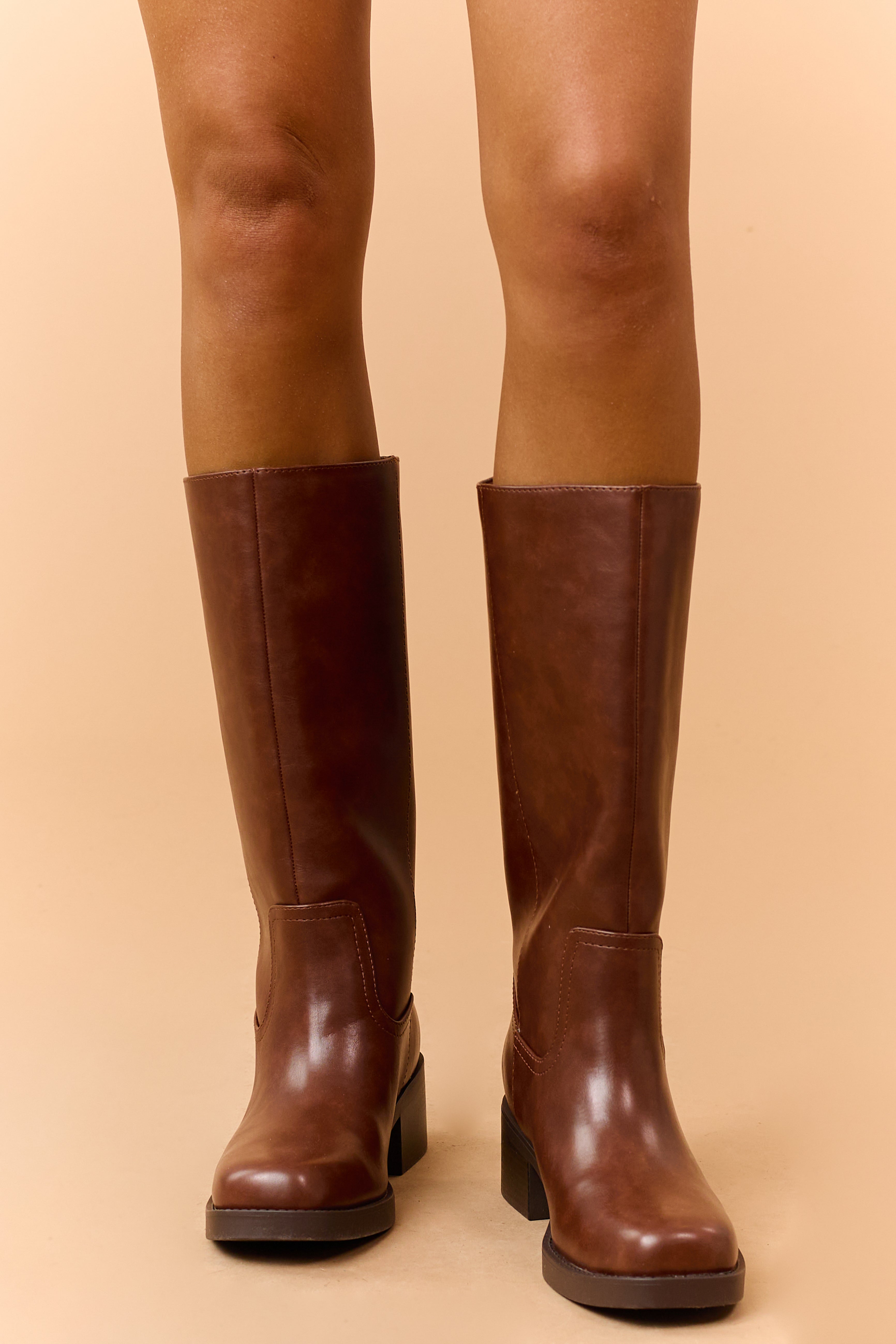 Cinnamon Faux Leather Block Heel Tall Riding Boots