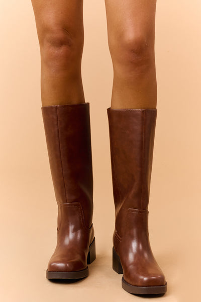 Cinnamon Faux Leather Block Heel Tall Riding Boots