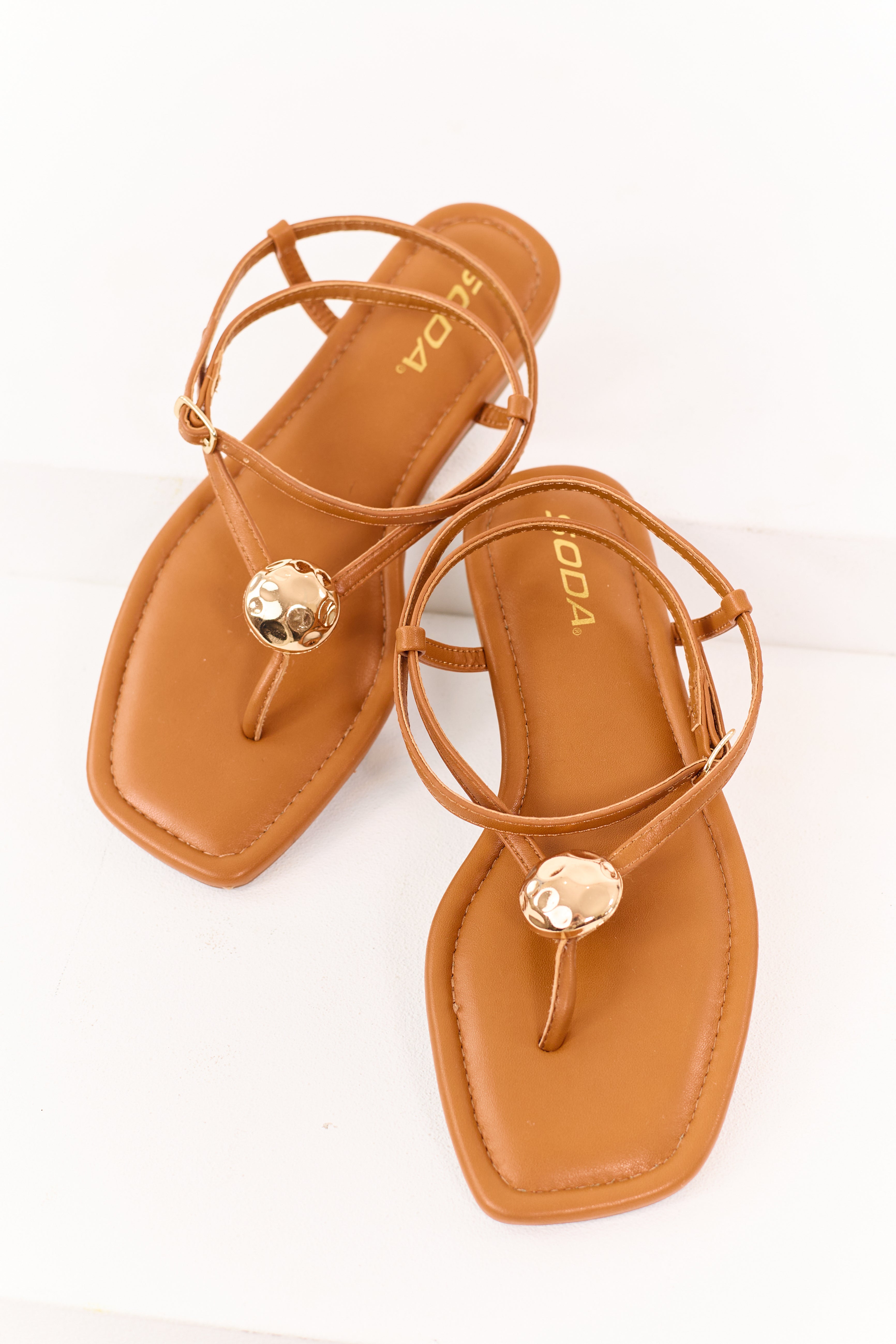 Cinnamon Faux Leather Gold Hardware Sandals | Lime Lush Boutique