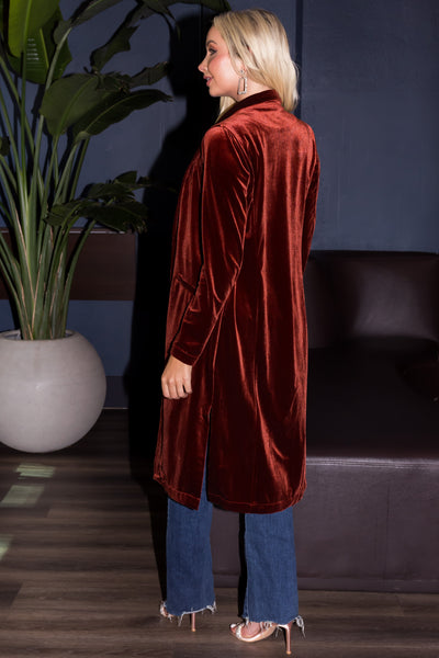 Cinnamon Open Front Long Sleeve Velvet Duster Jacket