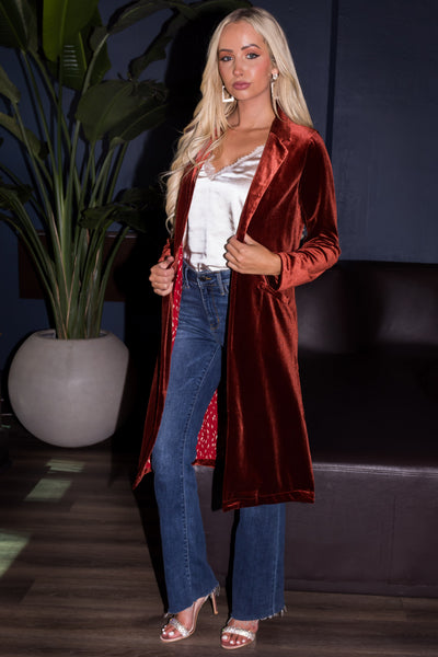 Cinnamon Open Front Long Sleeve Velvet Duster Jacket