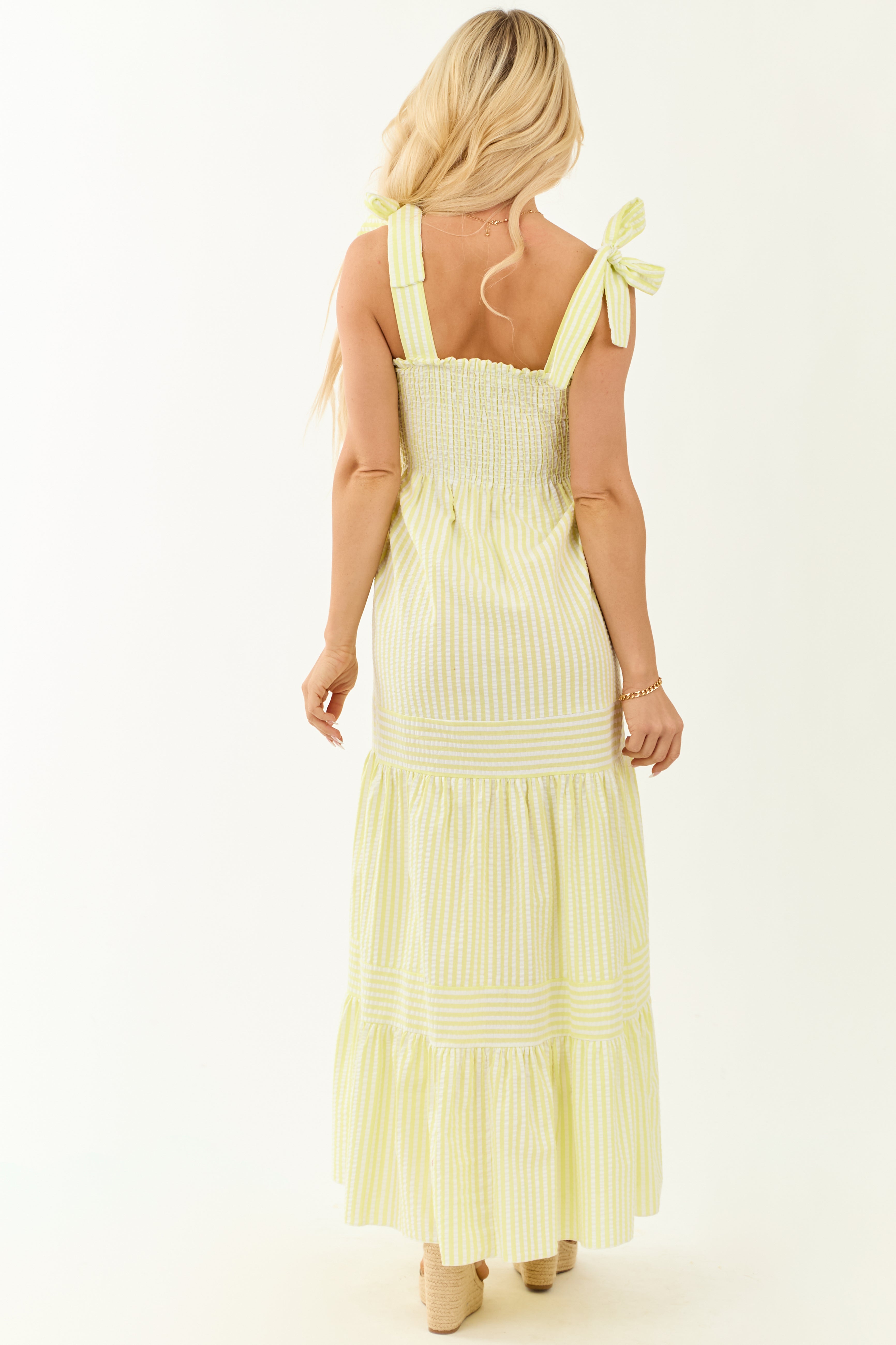 Citron Striped Shoulder Tie Maxi Dresses