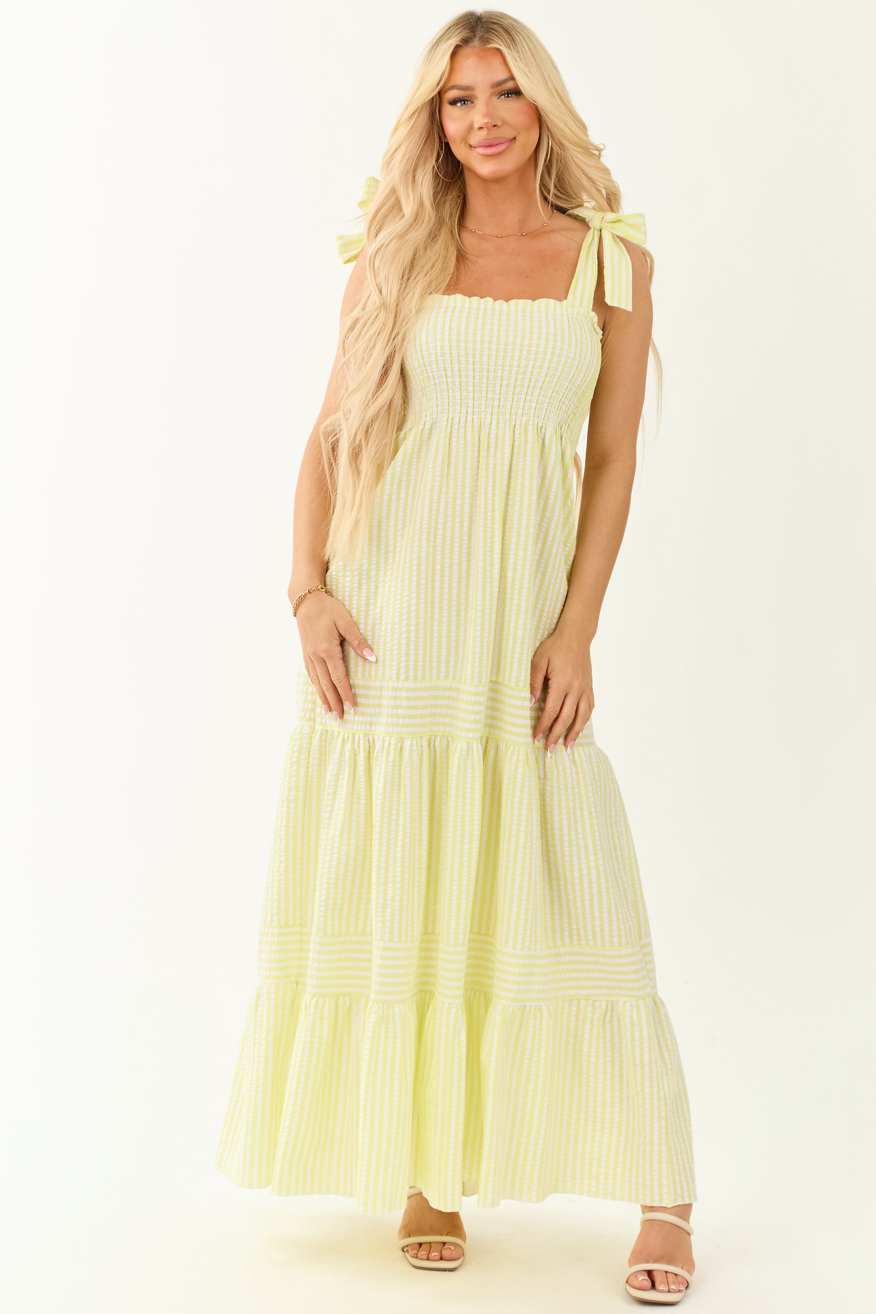 Citron Striped Shoulder Tie Maxi Dresses