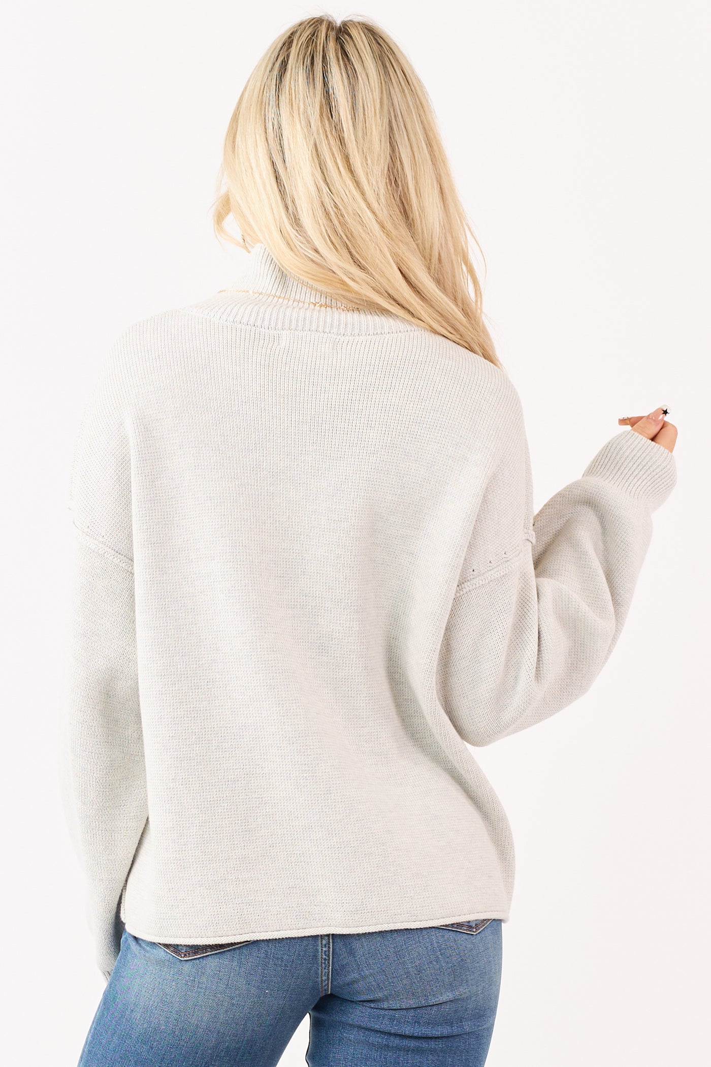 Cloud Grey Mock Neck Exposed Seam Knit Sweater