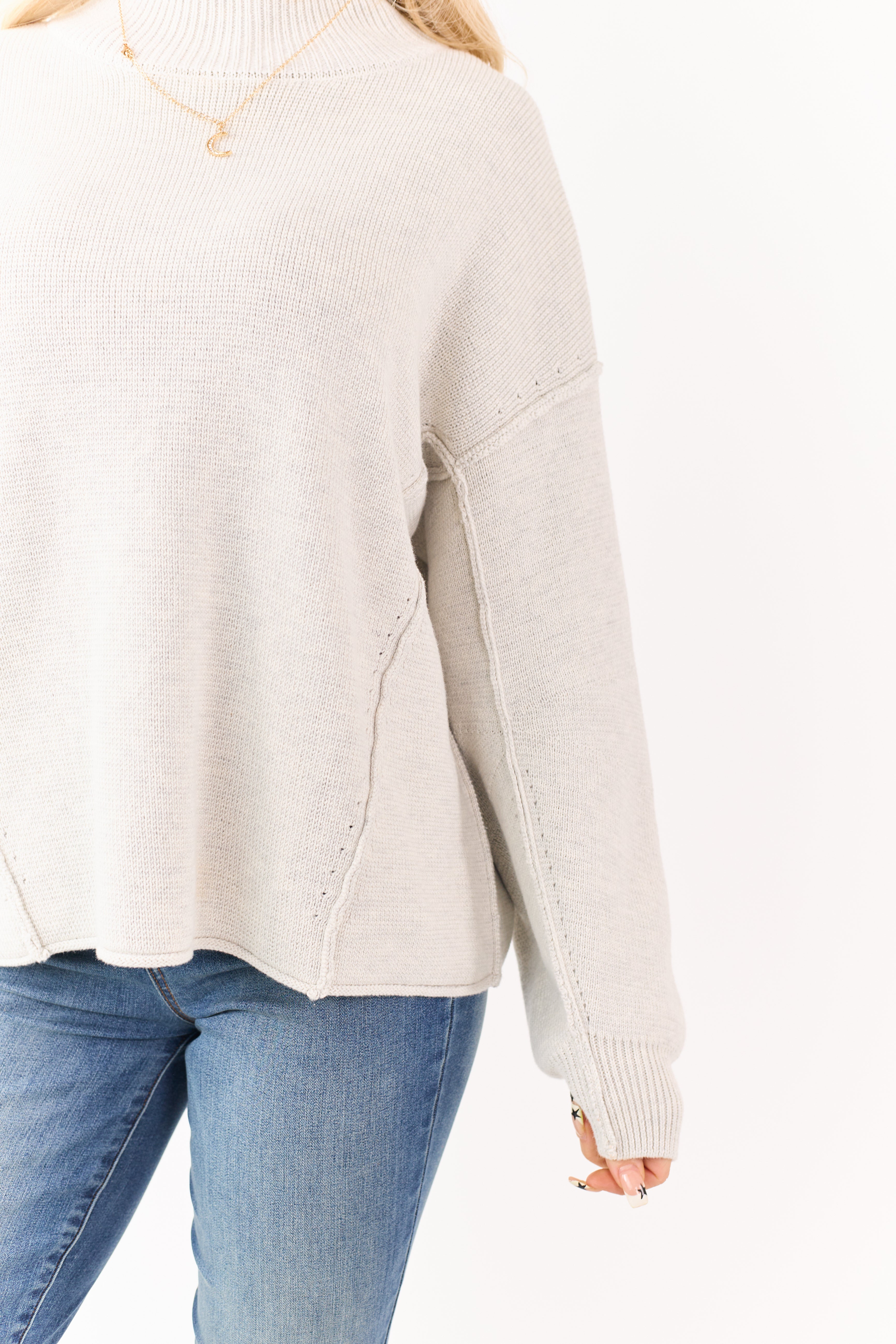 Cloud Grey Mock Neck Exposed Seam Knit Sweater