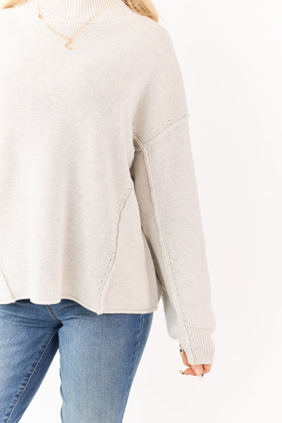 Cloud Grey Mock Neck Exposed Seam Knit Sweater