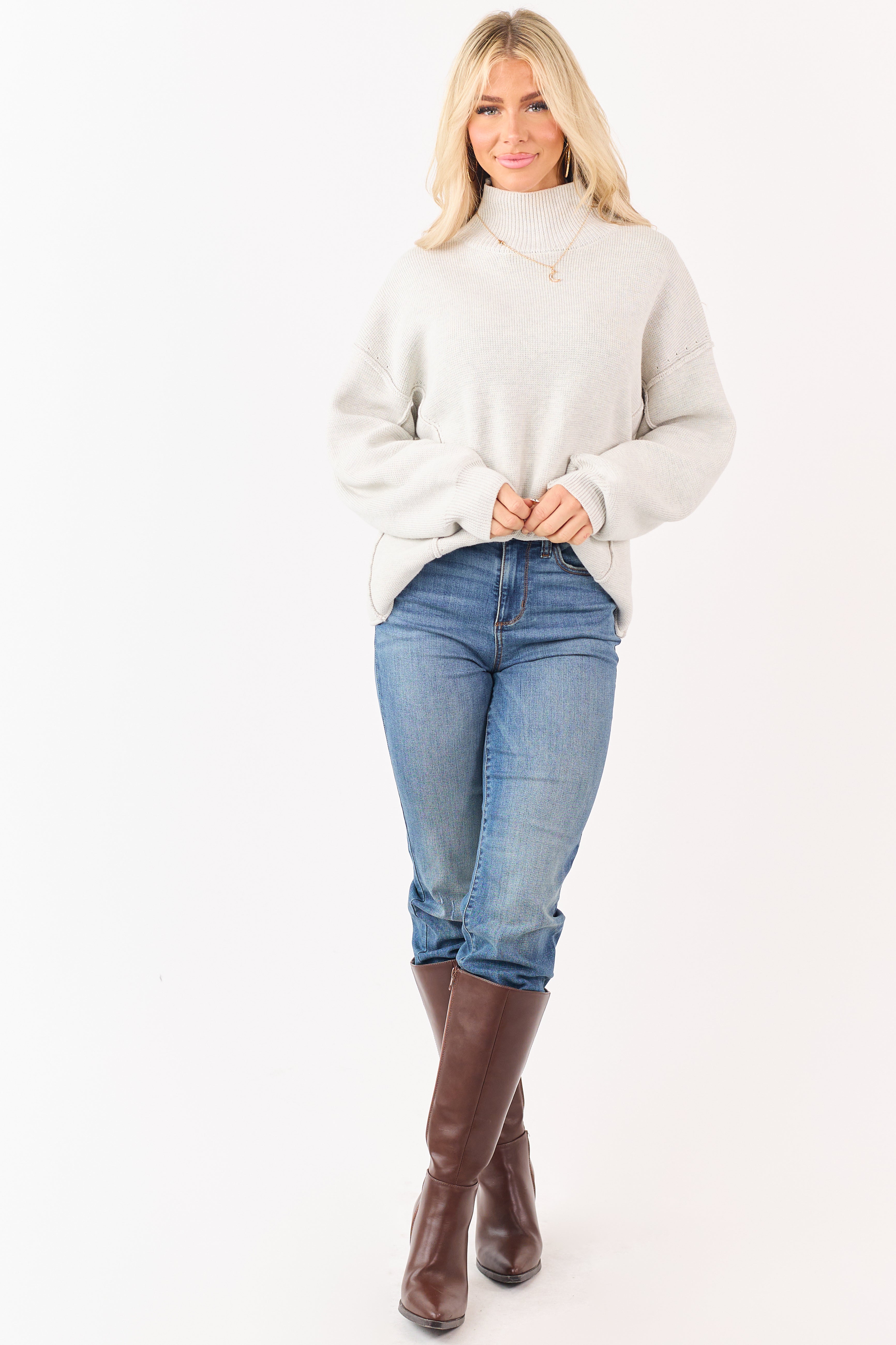 Cloud Grey Mock Neck Exposed Seam Knit Sweater