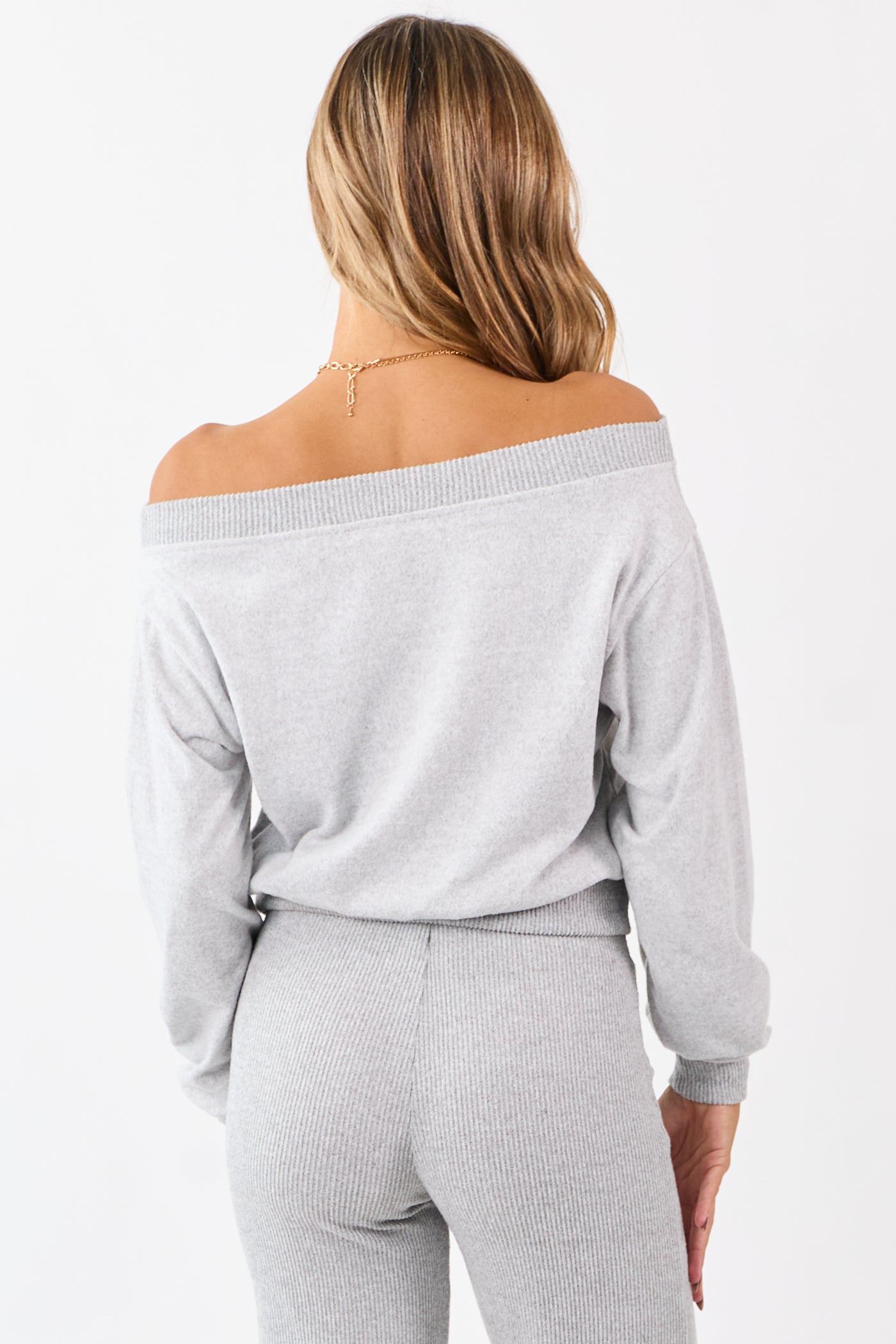 Cloud Grey Off Shoulder Rib Trim Soft Relaxed Knit Top