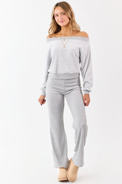 Cloud Grey Off Shoulder Rib Trim Soft Relaxed Knit Top