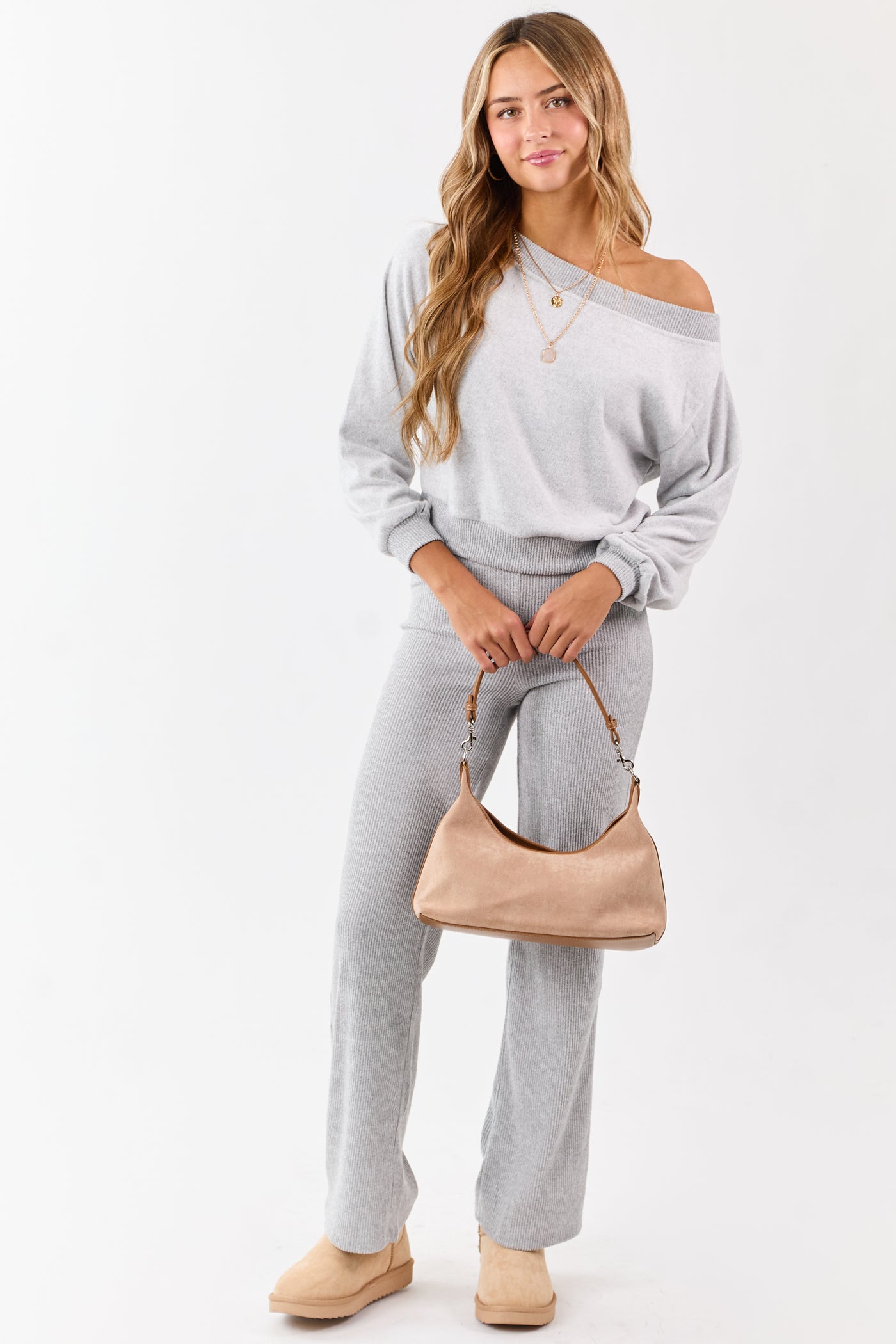 Cloud Grey Off Shoulder Rib Trim Soft Relaxed Knit Top