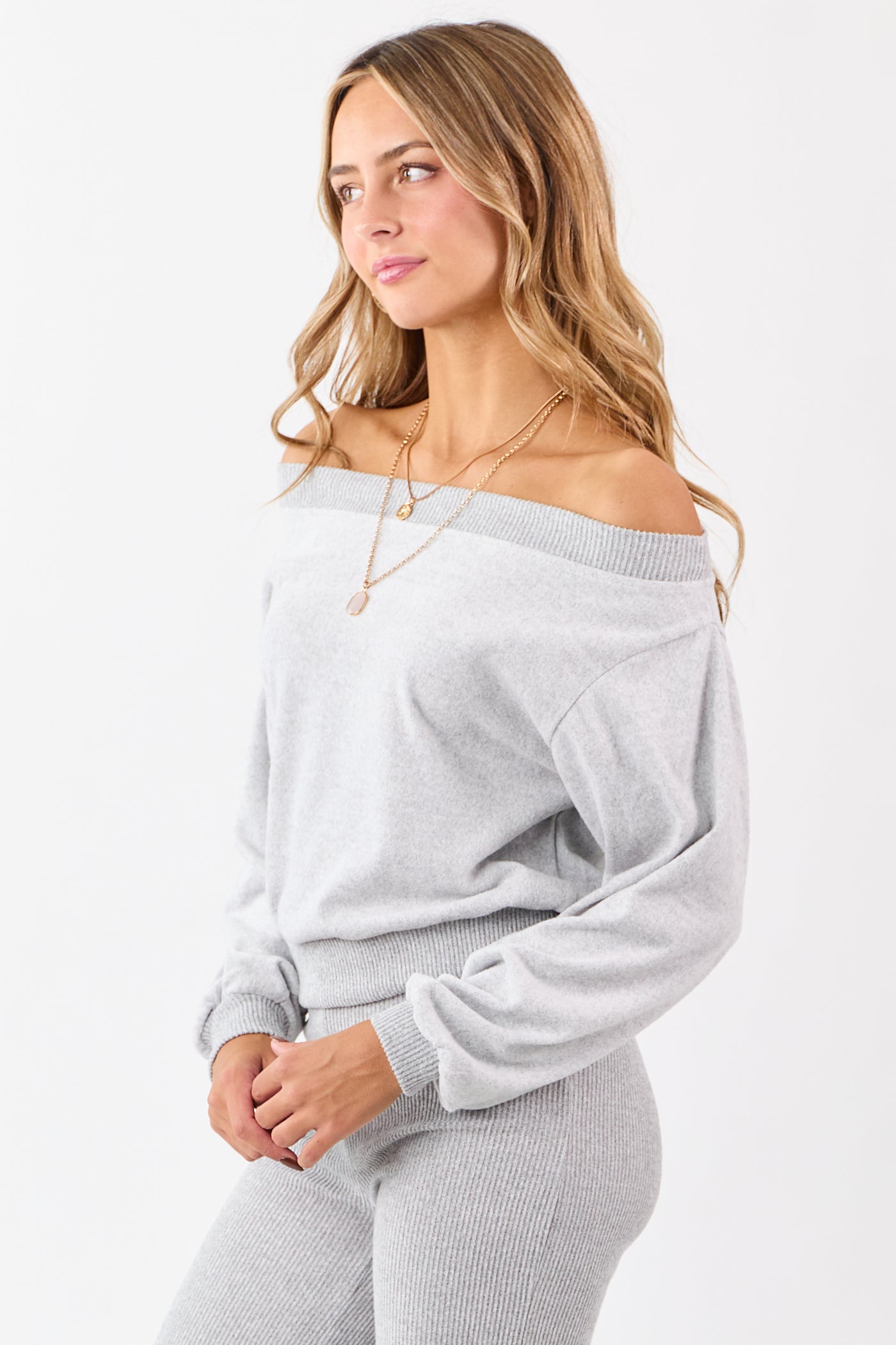 Cloud Grey Off Shoulder Rib Trim Soft Relaxed Knit Top