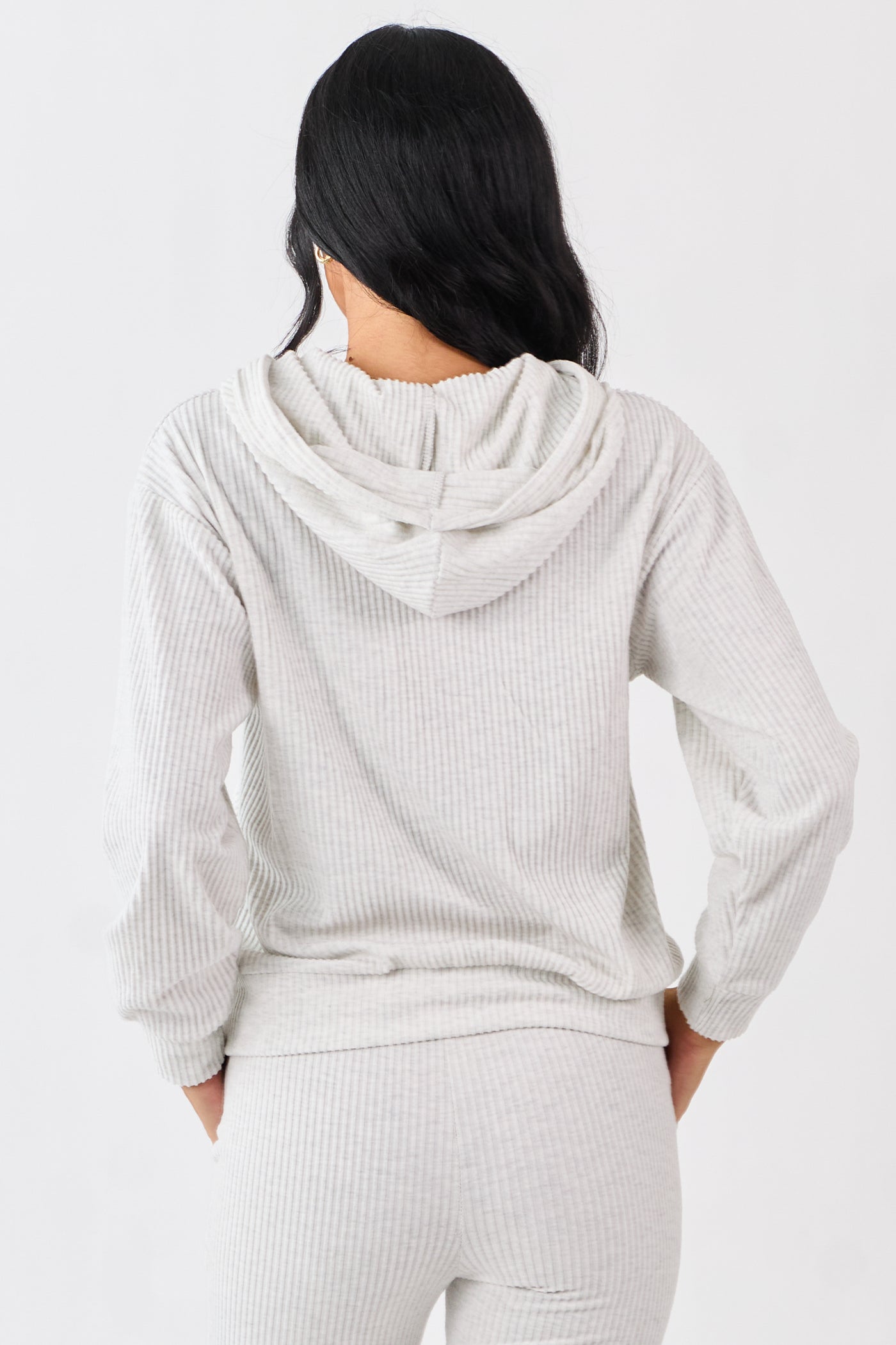 Cloud Grey Rib Knit Drawstring Hooded Sweatshirt