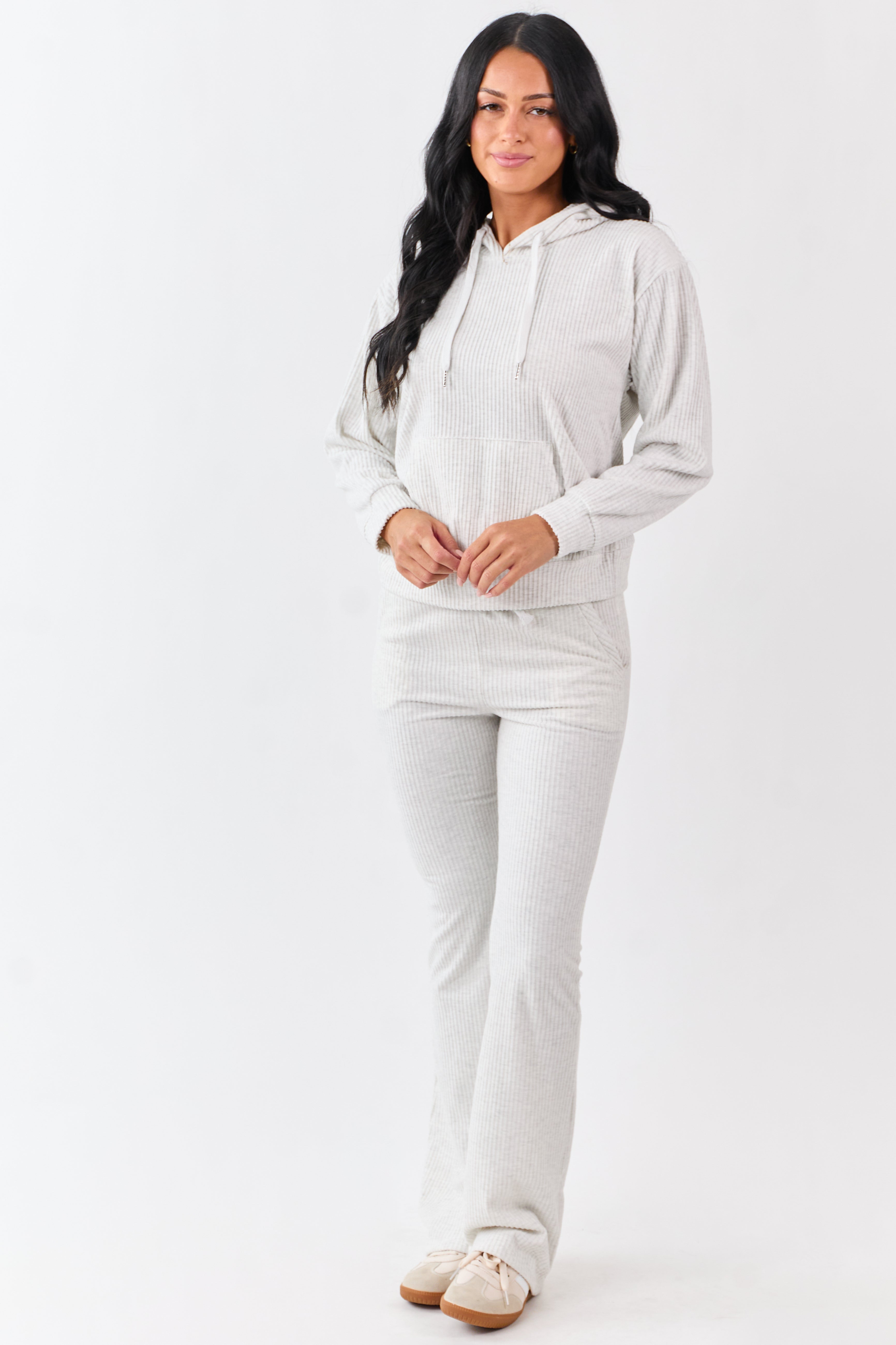 Cloud Grey Rib Knit Drawstring Hooded Sweatshirt