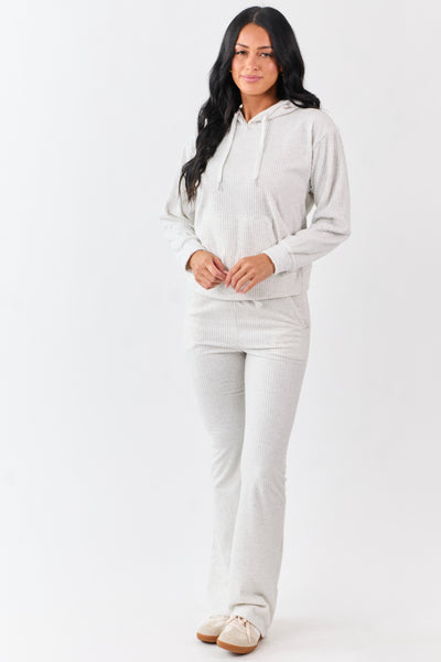 Cloud Grey Rib Knit Drawstring Hooded Sweatshirt