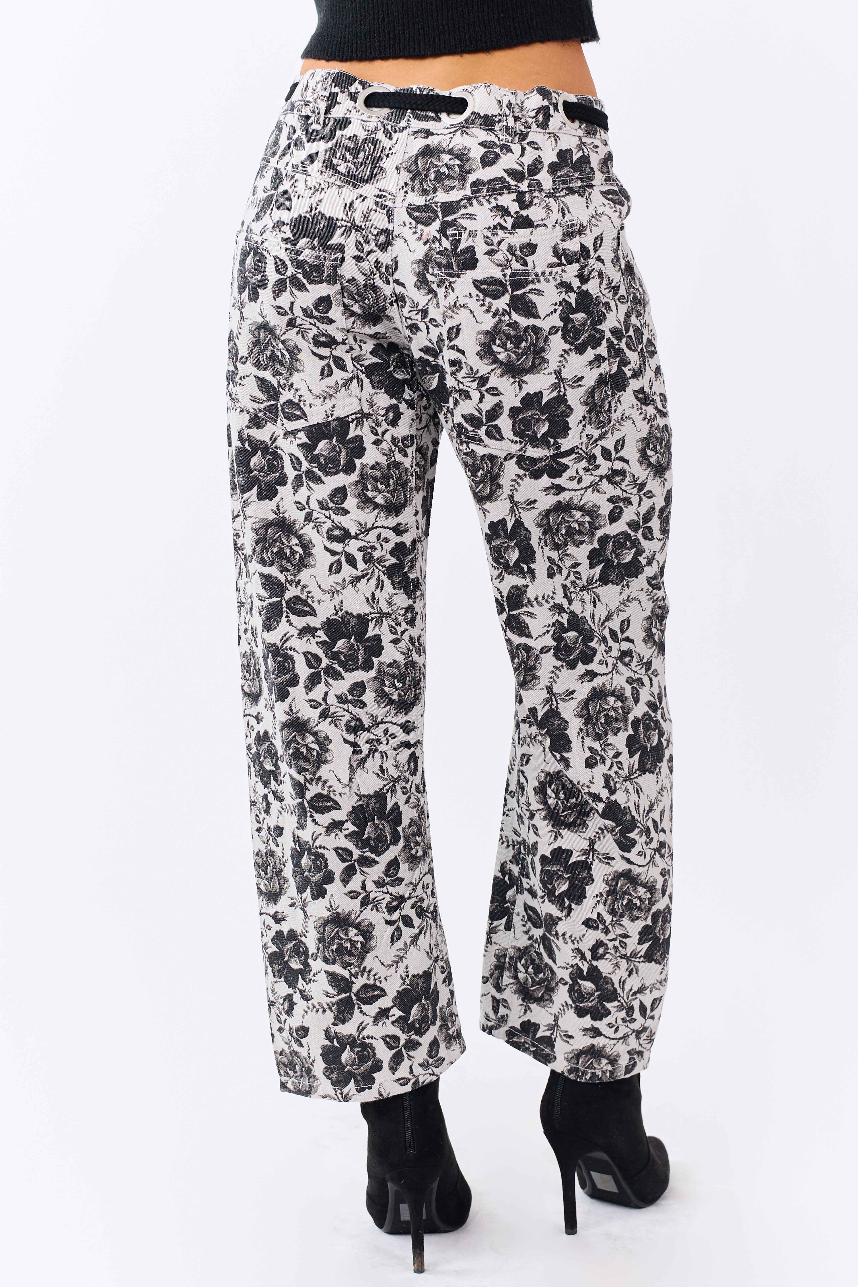Cloud Grey Rose Print Waist Tie Wide Leg Denim Pants