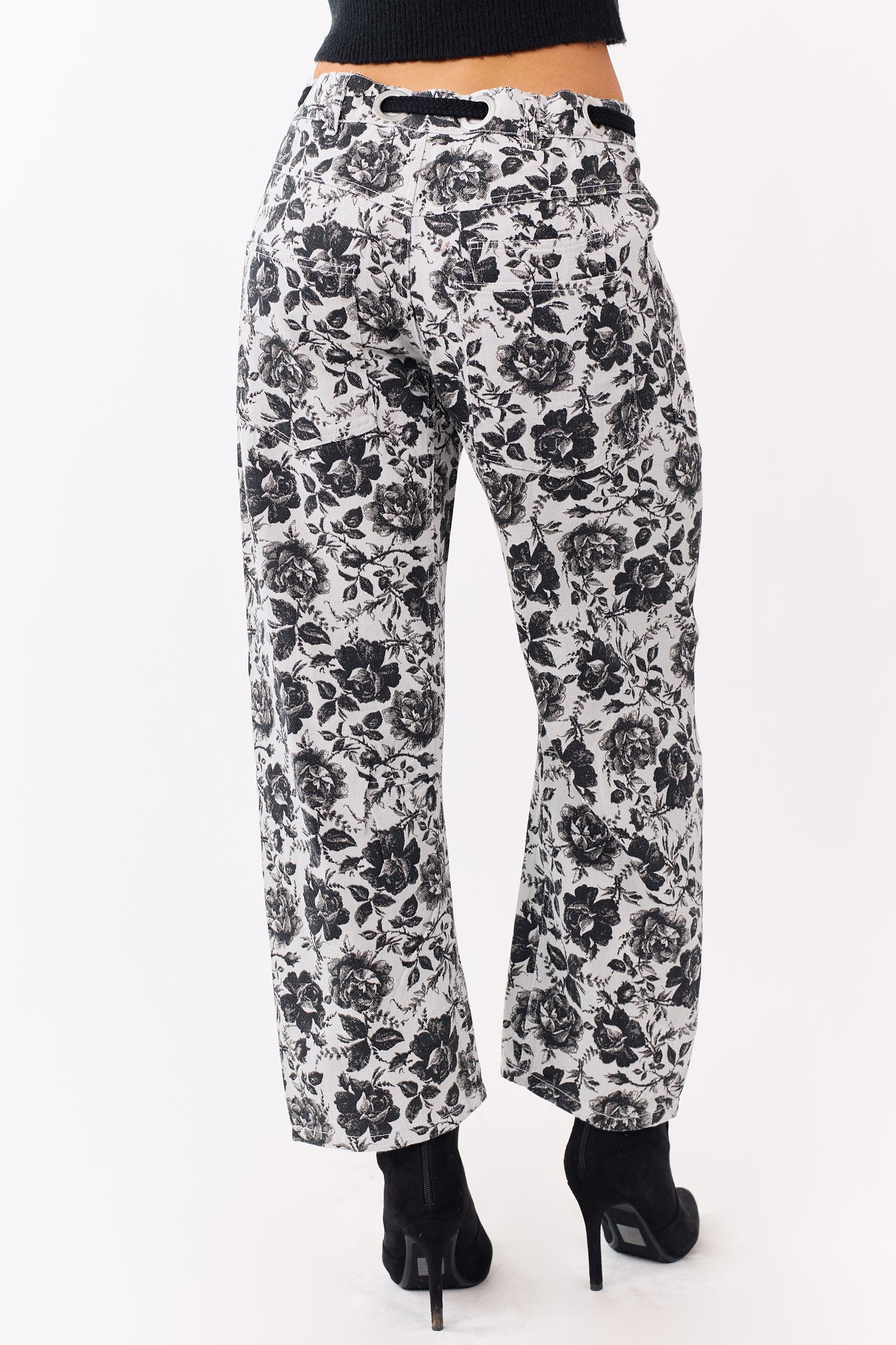 Cloud Grey Rose Print Waist Tie Wide Leg Denim Pants