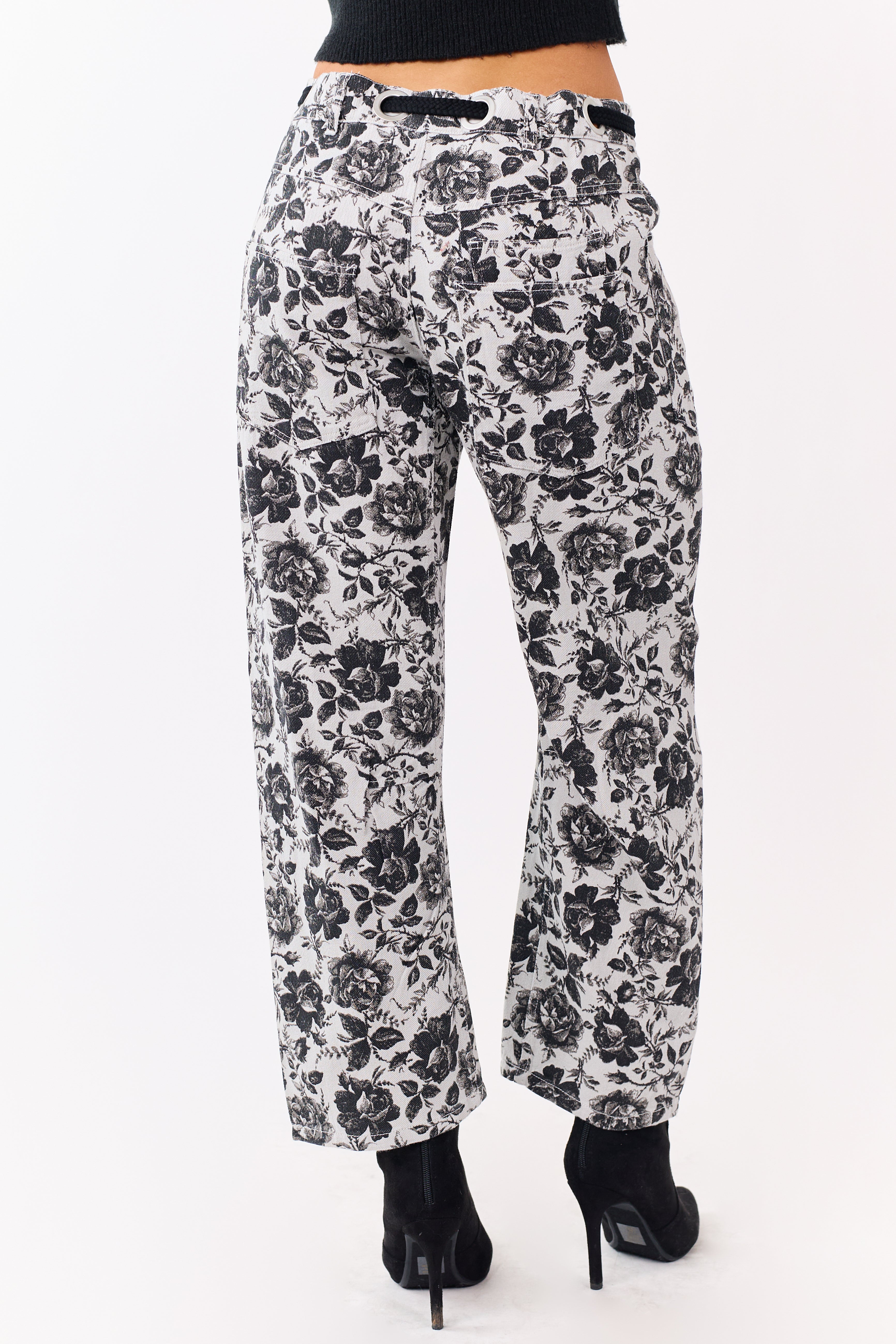 Cloud Grey Rose Print Waist Tie Wide Leg Denim Pants