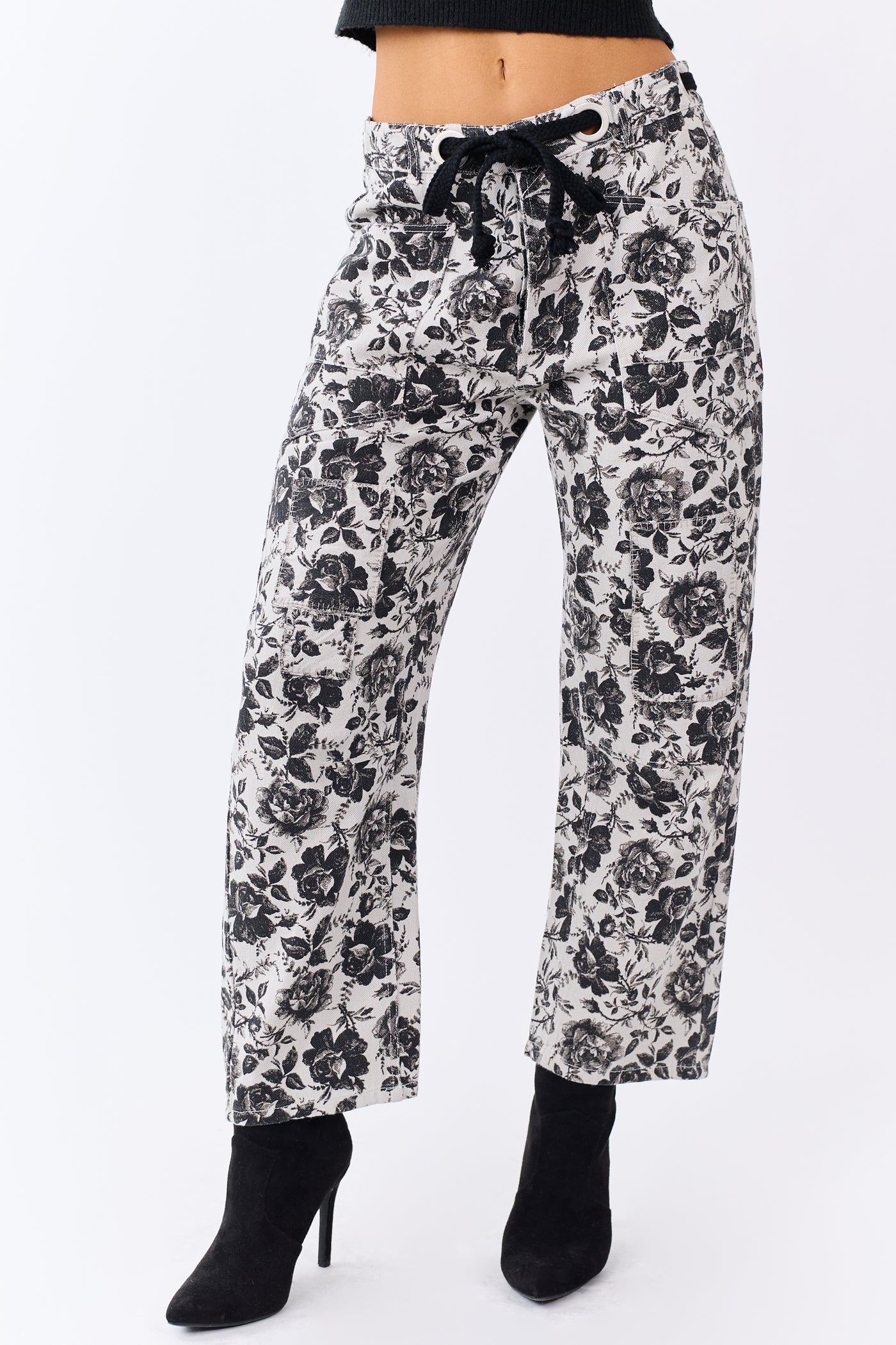 Cloud Grey Rose Print Waist Tie Wide Leg Denim Pants