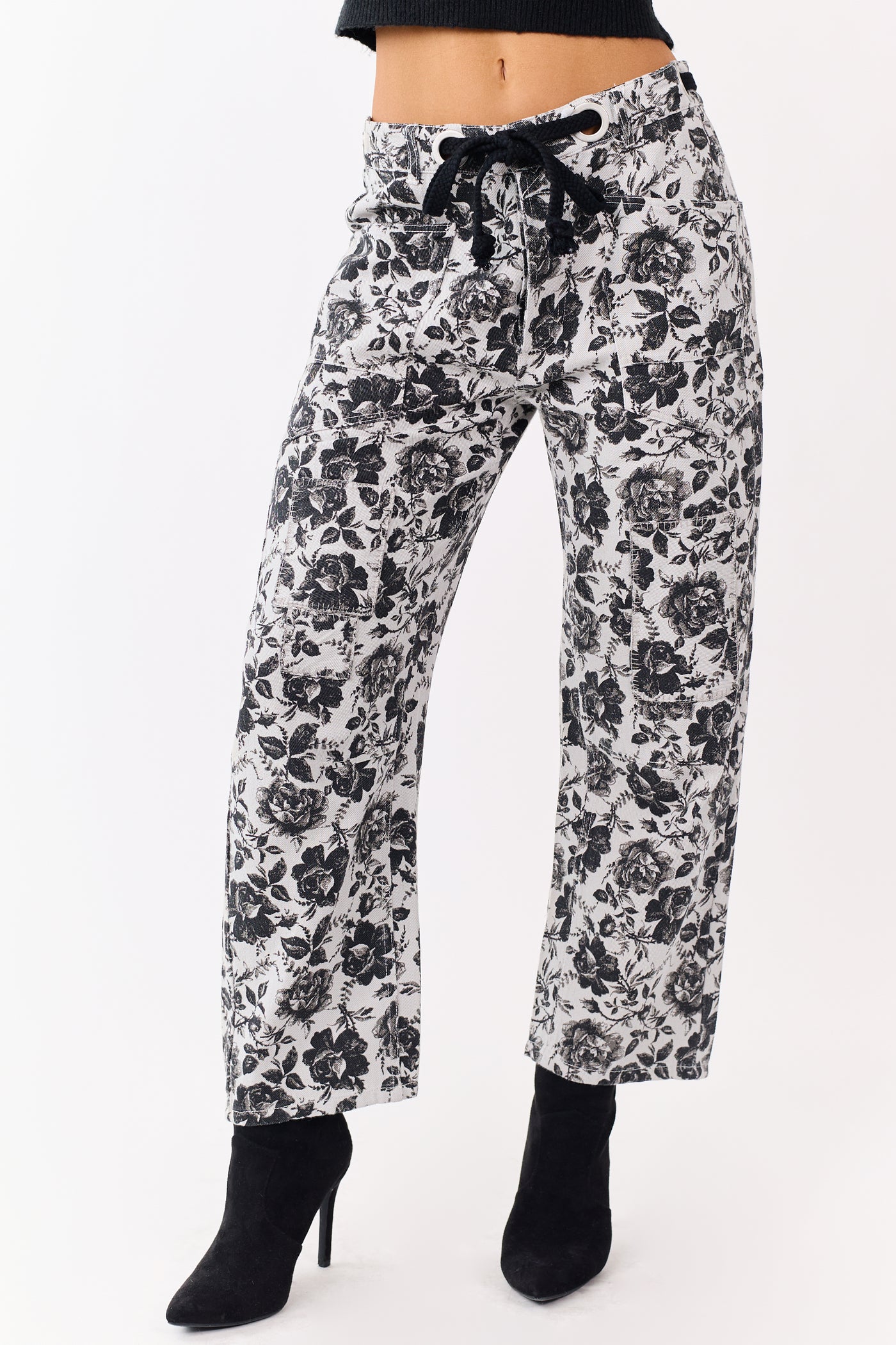 Cloud Grey Rose Print Waist Tie Wide Leg Denim Pants