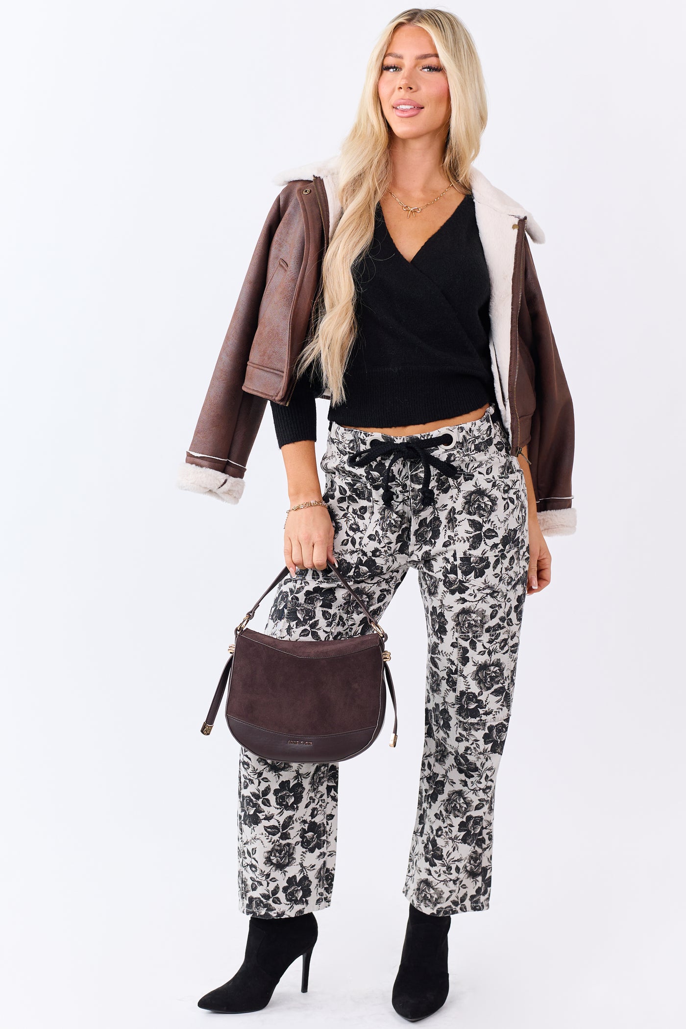 Cloud Grey Rose Print Waist Tie Wide Leg Denim Pants