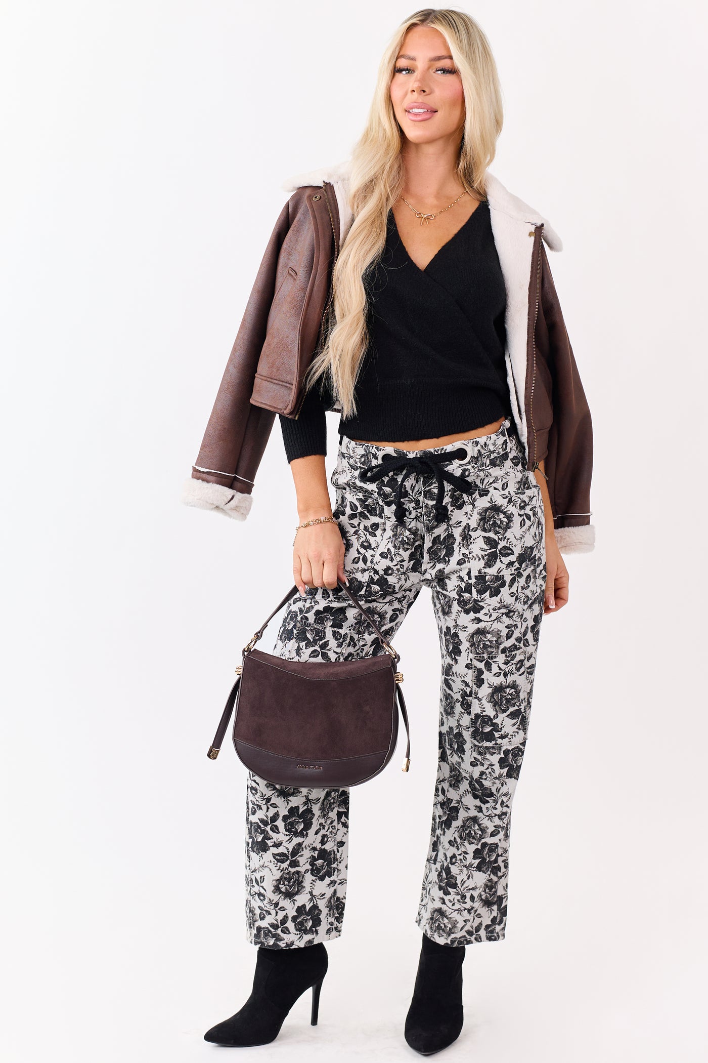 Cloud Grey Rose Print Waist Tie Wide Leg Denim Pants