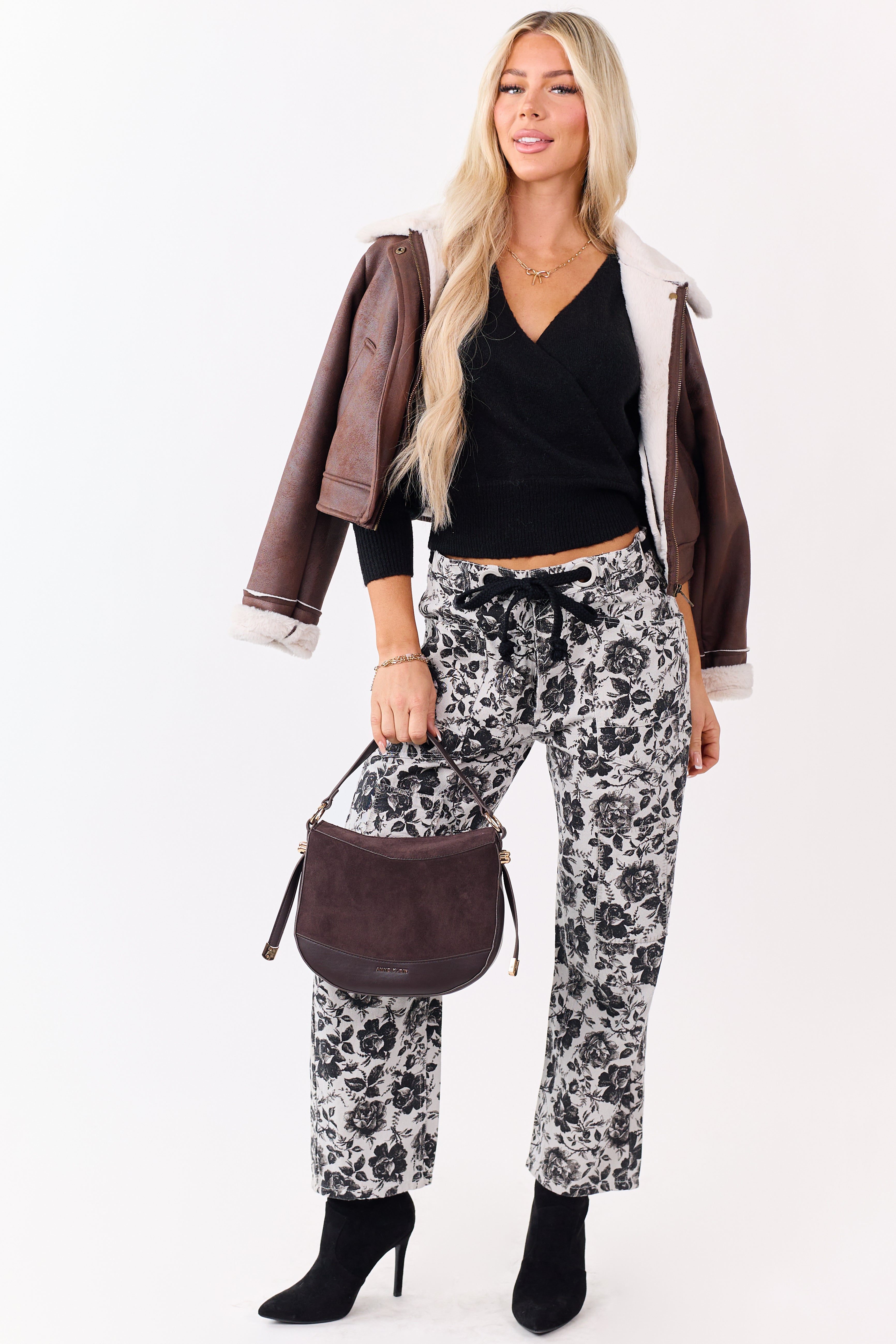 Cloud Grey Rose Print Waist Tie Wide Leg Denim Pants