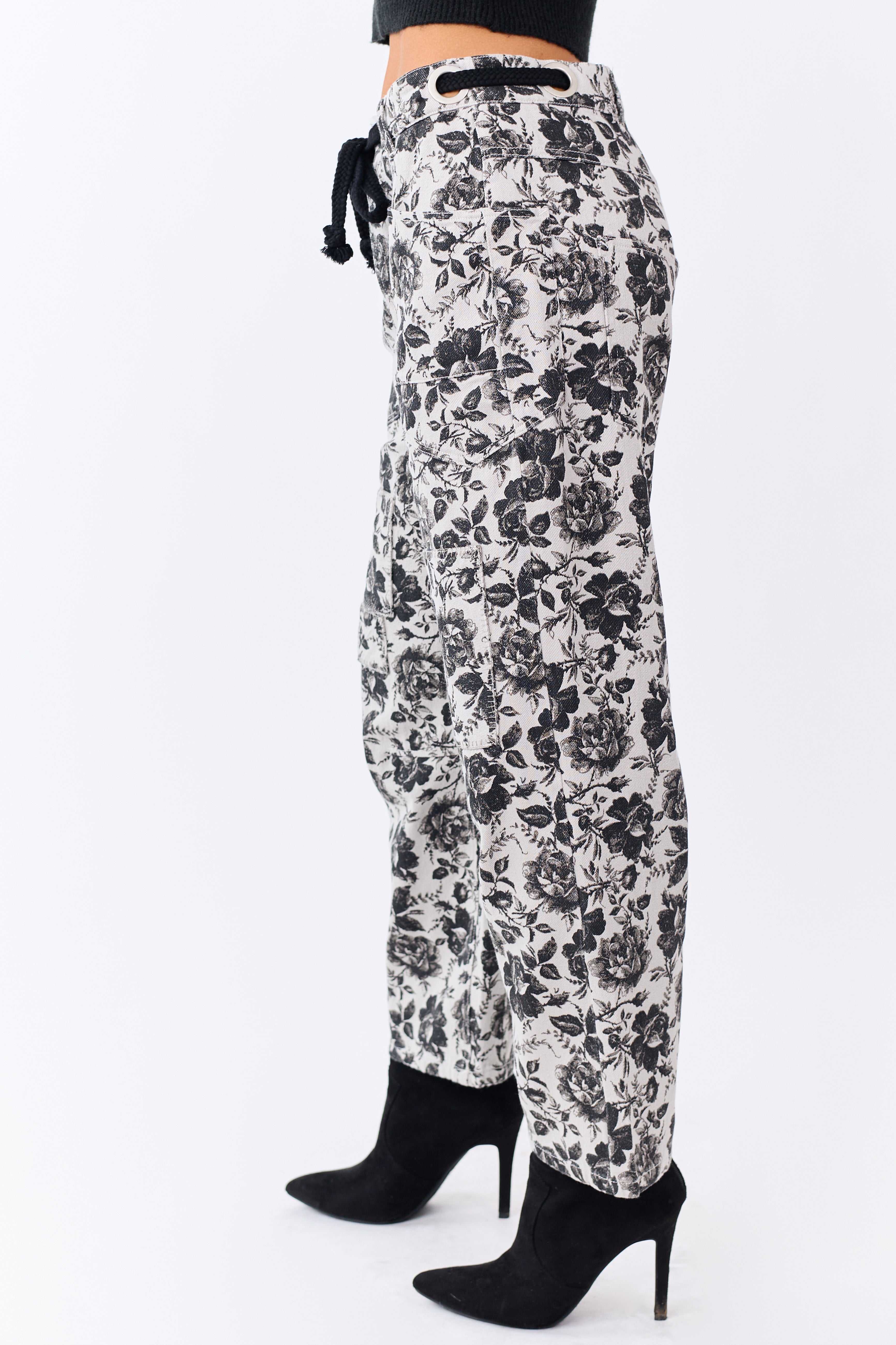 Cloud Grey Rose Print Waist Tie Wide Leg Denim Pants