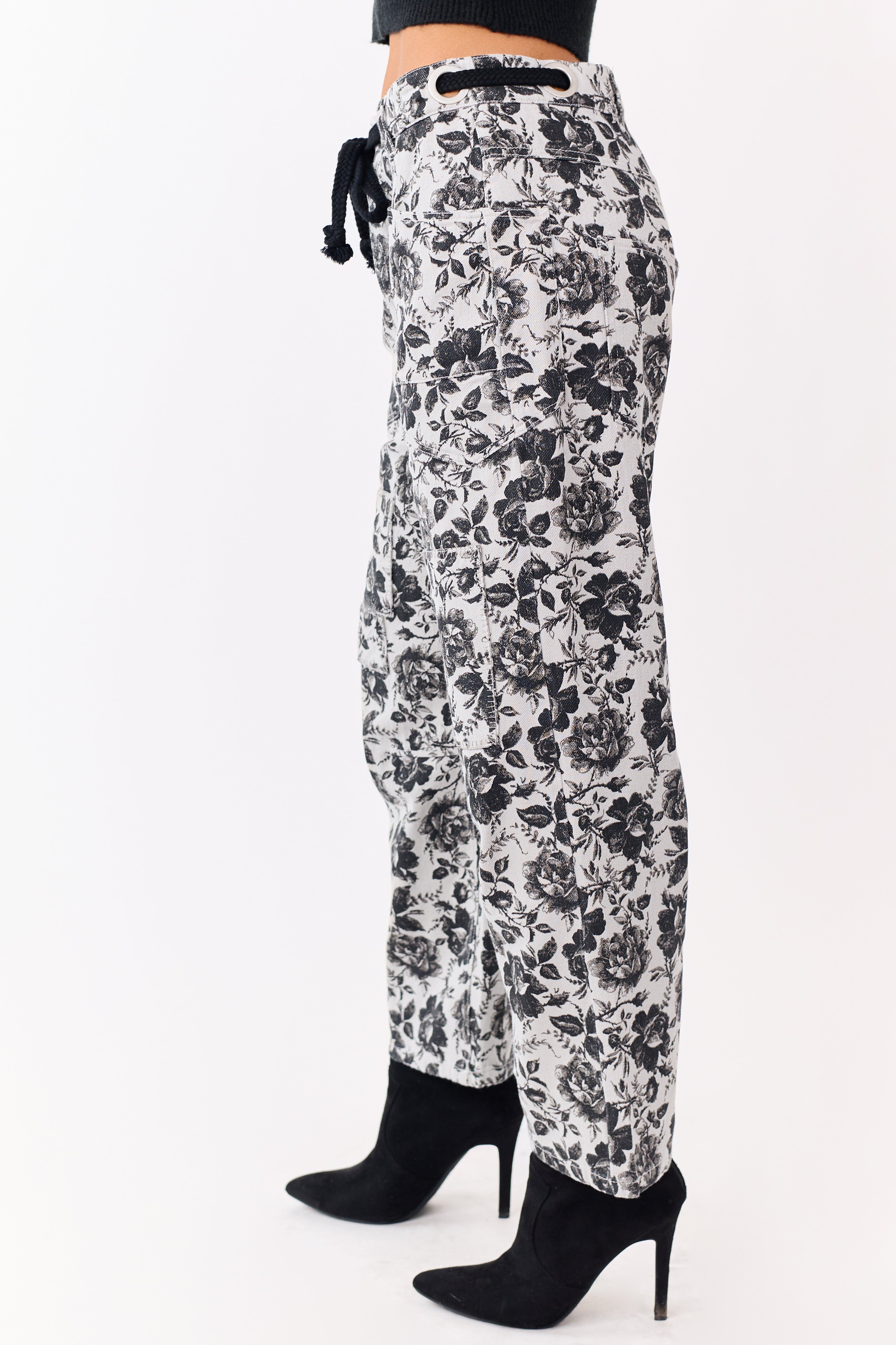 Cloud Grey Rose Print Waist Tie Wide Leg Denim Pants