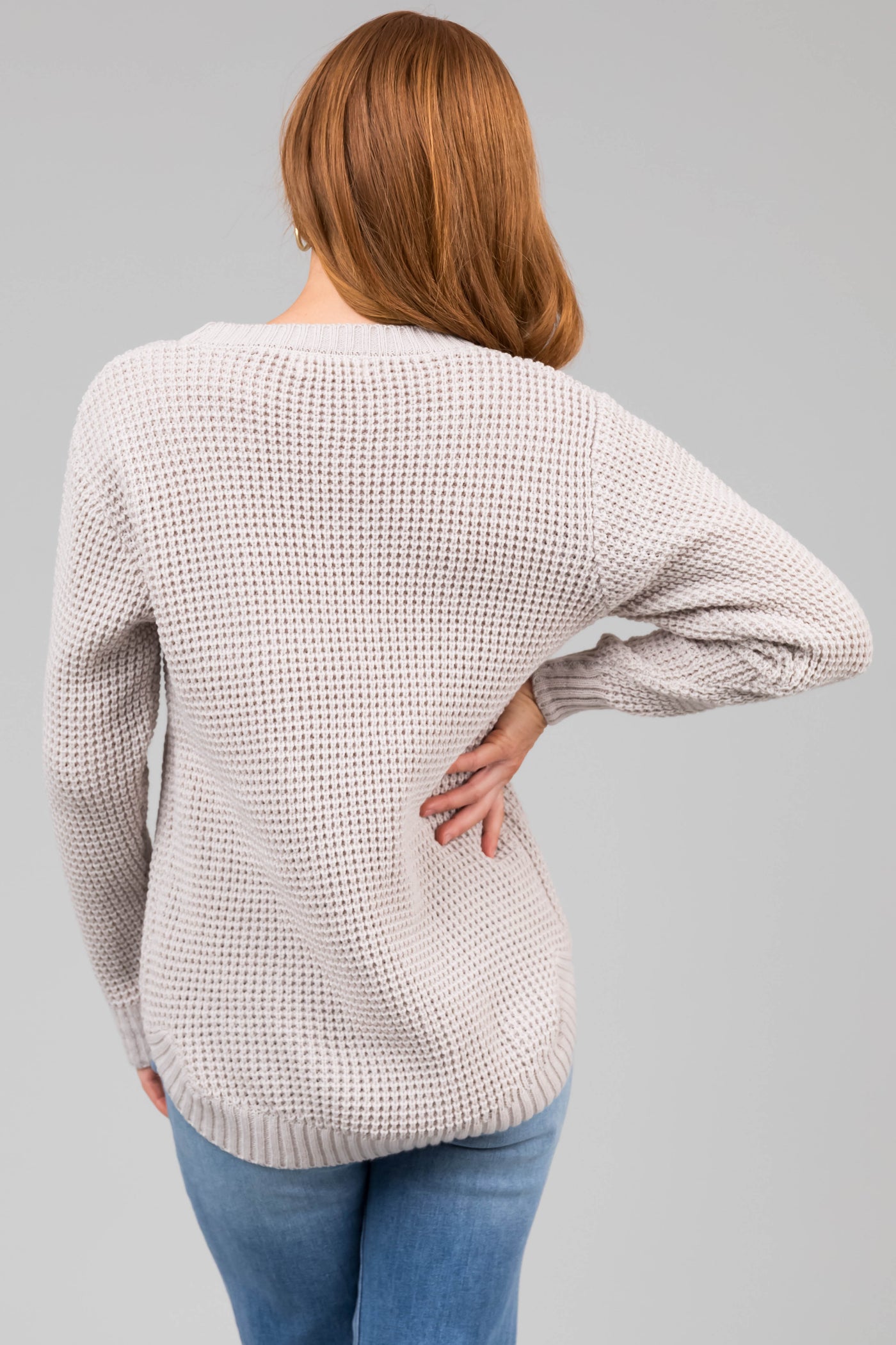 Cloud Grey Thick Waffle Knit Curved Hem Sweater
