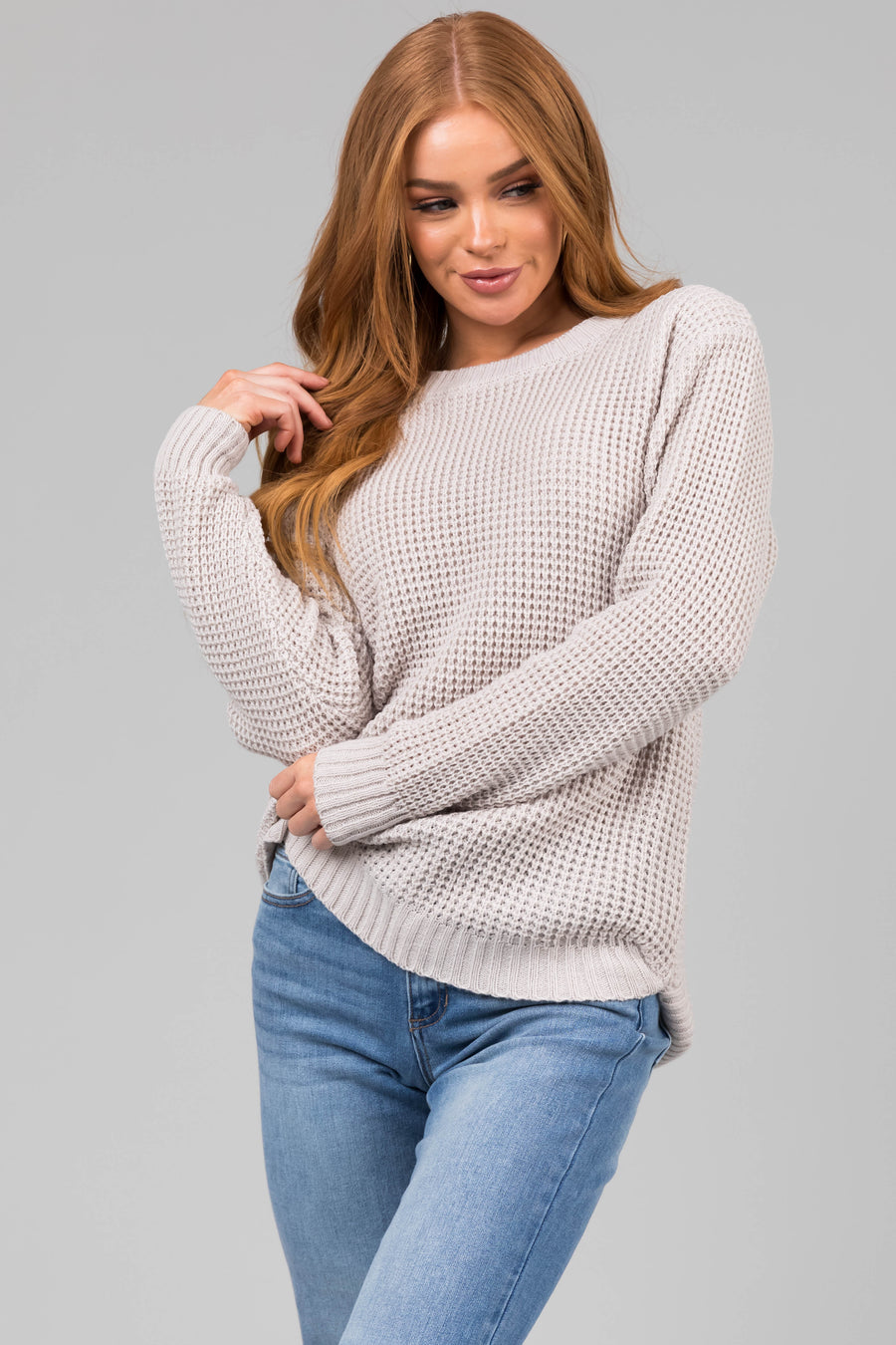 Cloud Grey Thick Waffle Knit Curved Hem Sweater