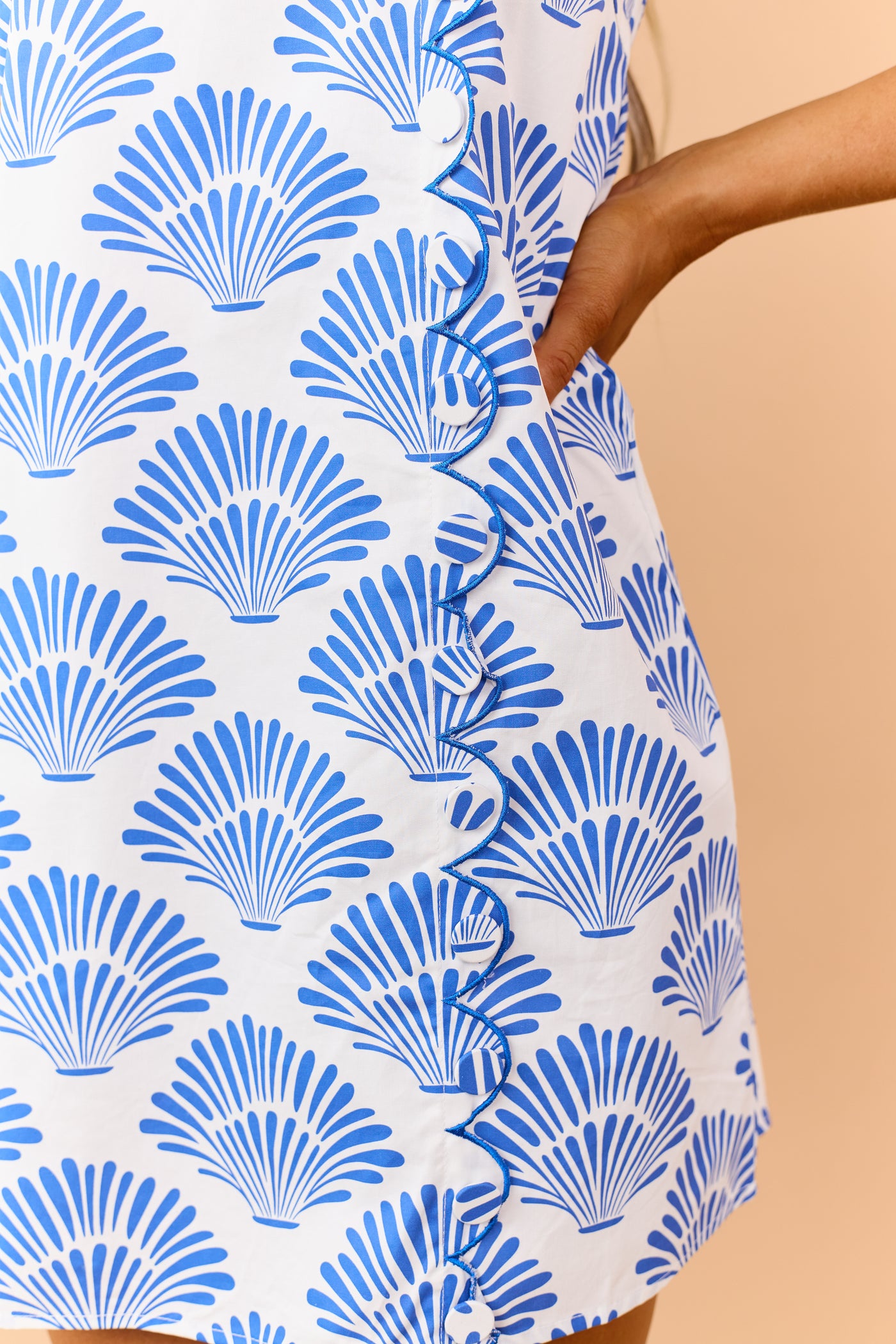 Cobalt Cotton Shell Pattern Button Detail Mini Dress
