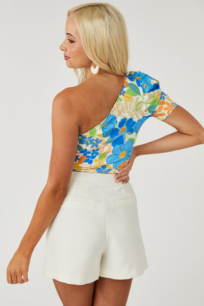 Cobalt Floral One Shoulder Puff Sleeve Bodysuit