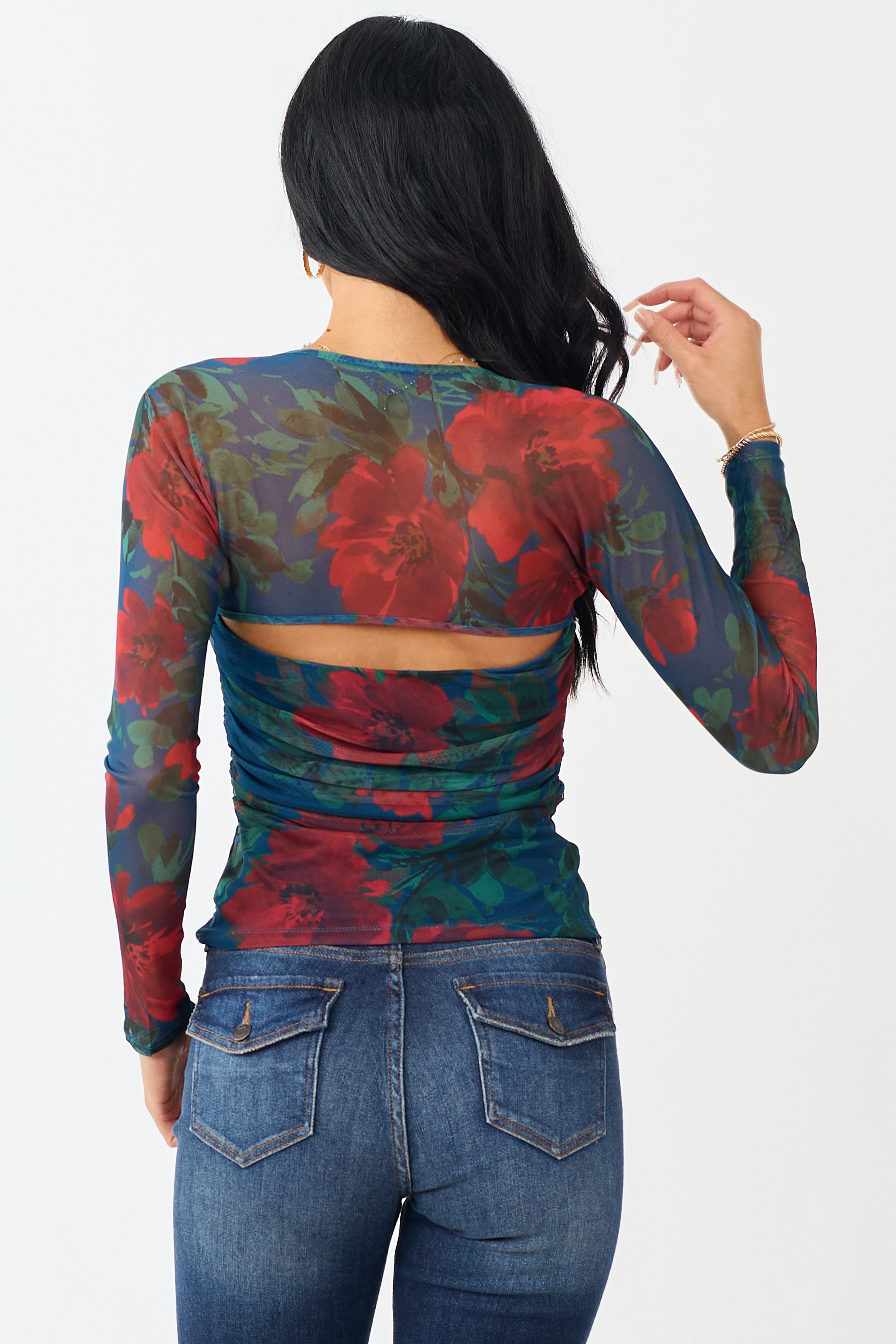 Cobalt Floral Print Long Sleeve Ruched Top
