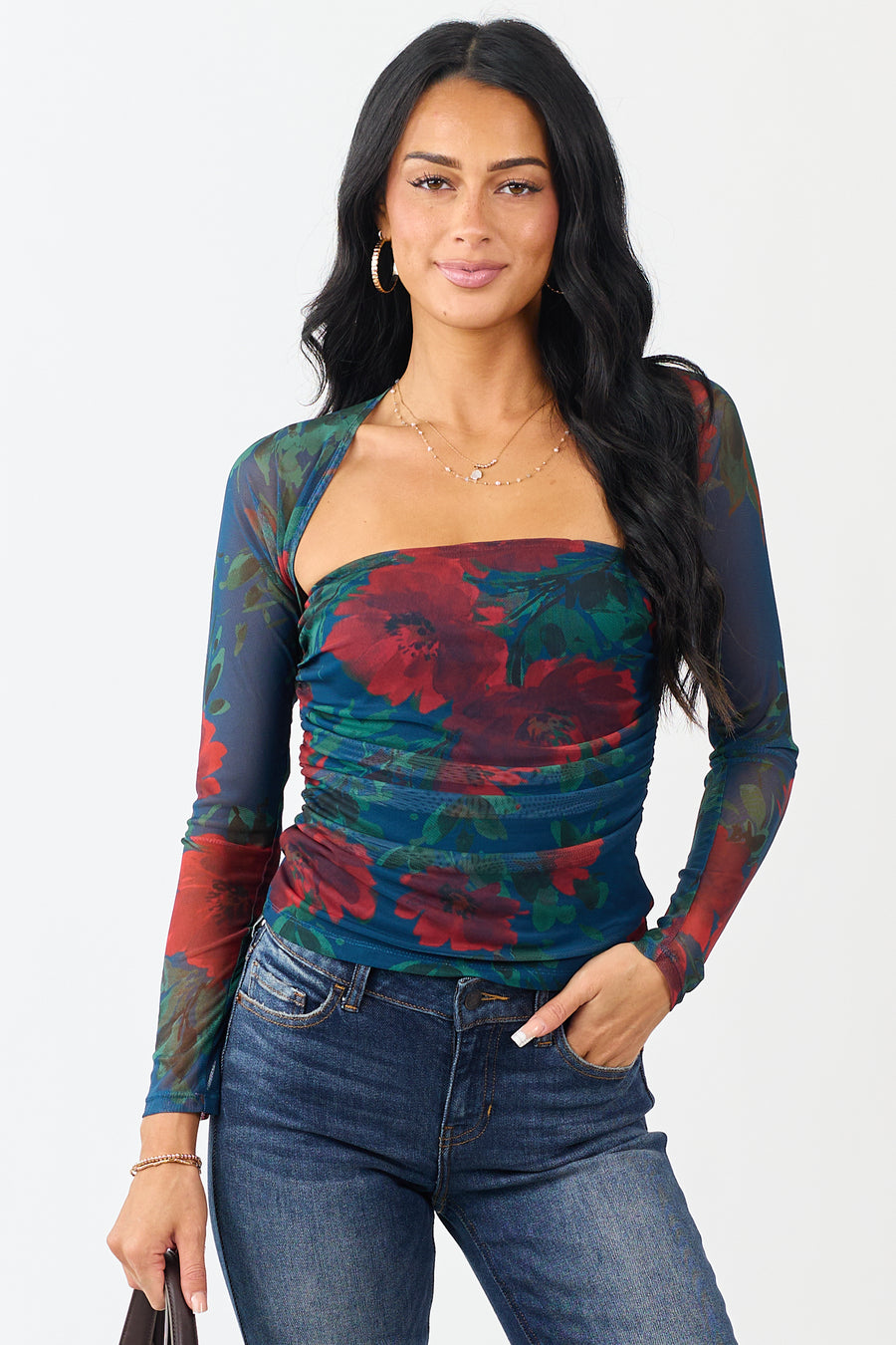 Cobalt Floral Print Long Sleeve Ruched Top