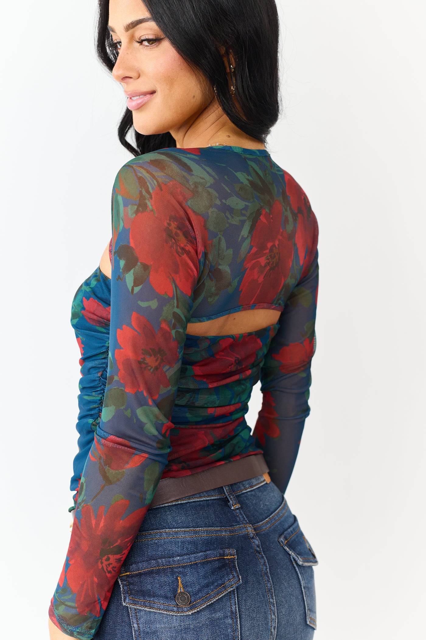 Cobalt Floral Print Long Sleeve Ruched Top