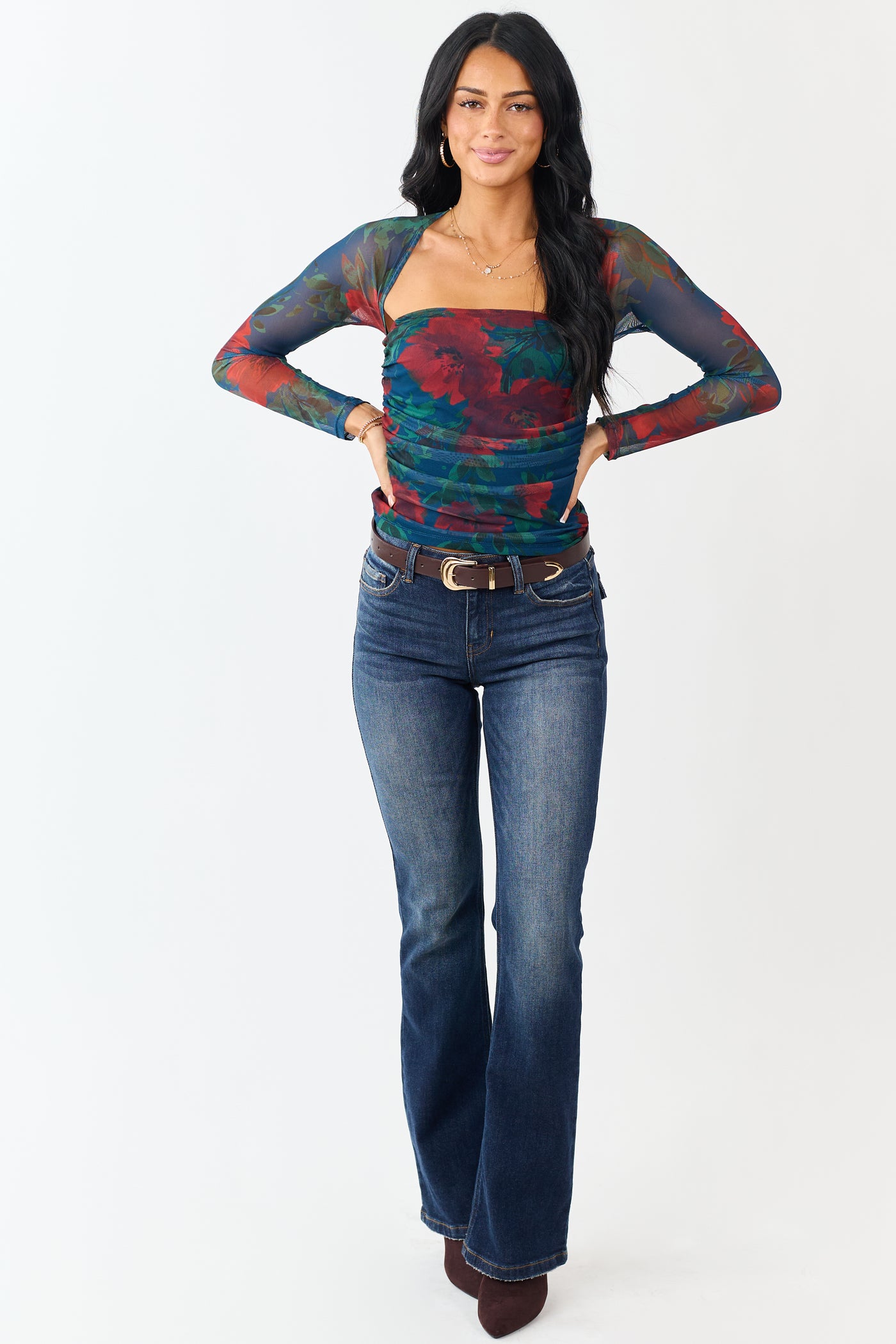 Cobalt Floral Print Long Sleeve Ruched Top