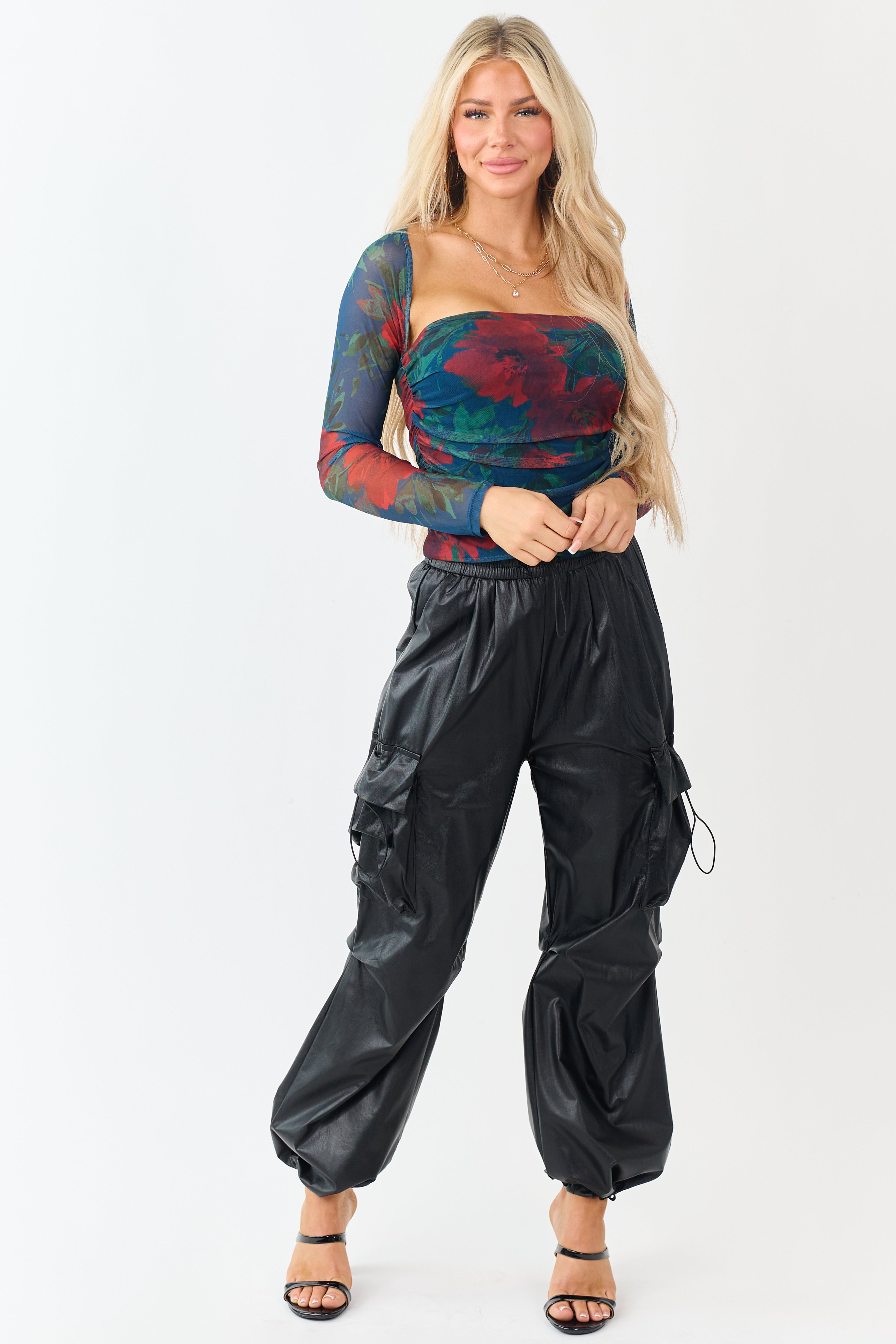 Cobalt Floral Print Long Sleeve Ruched Top