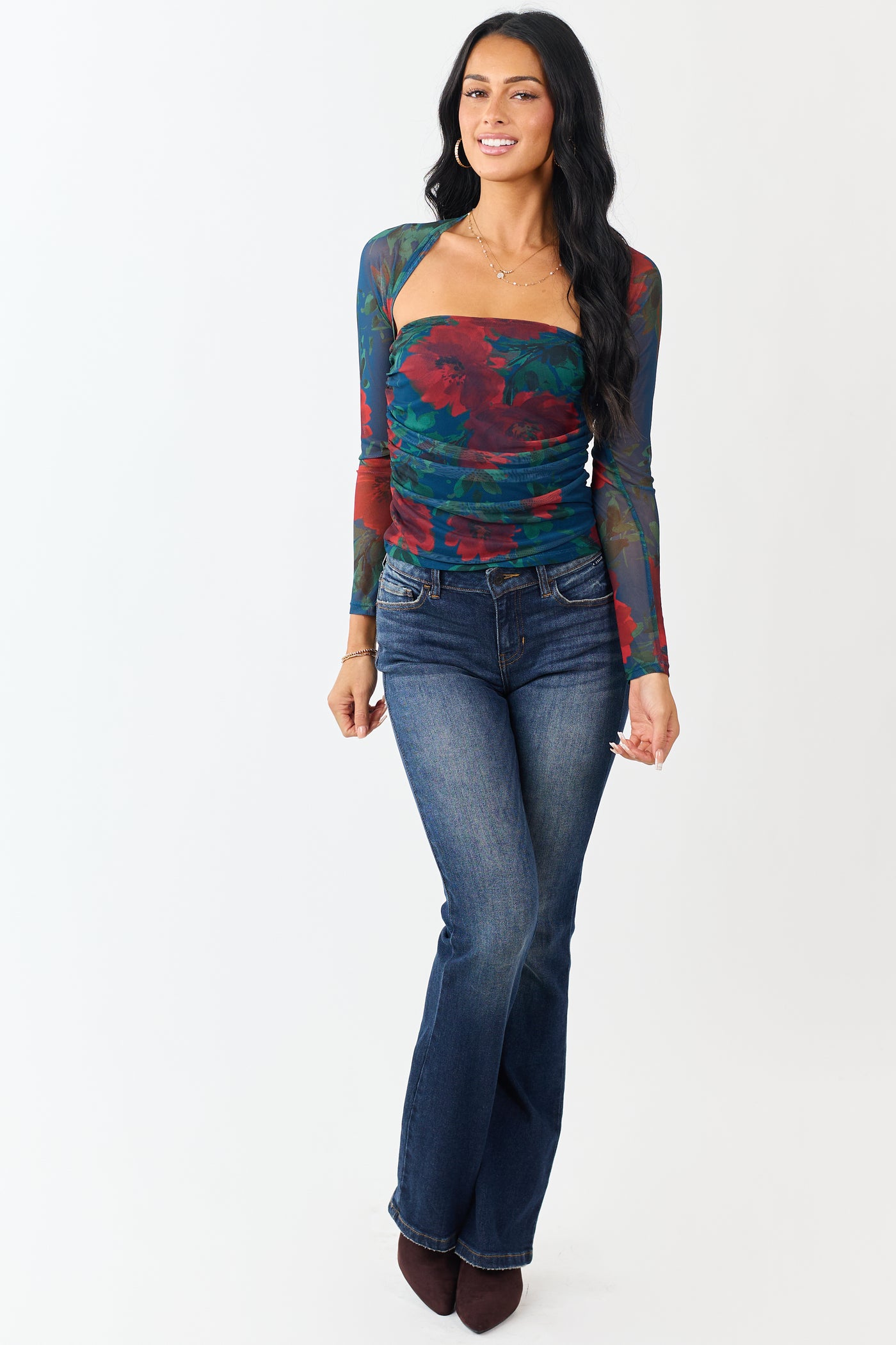 Cobalt Floral Print Long Sleeve Ruched Top