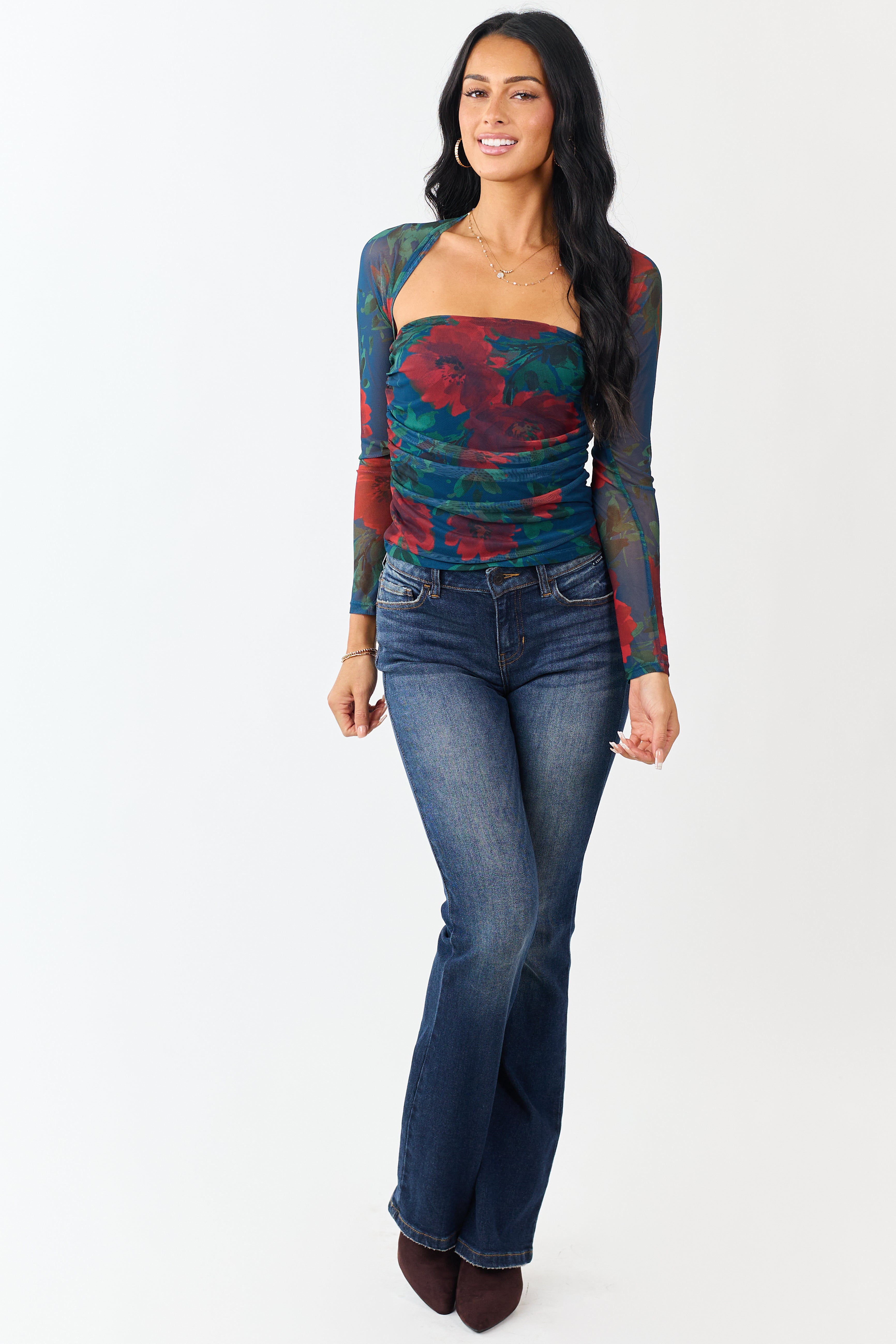 Cobalt Floral Print Long Sleeve Ruched Top