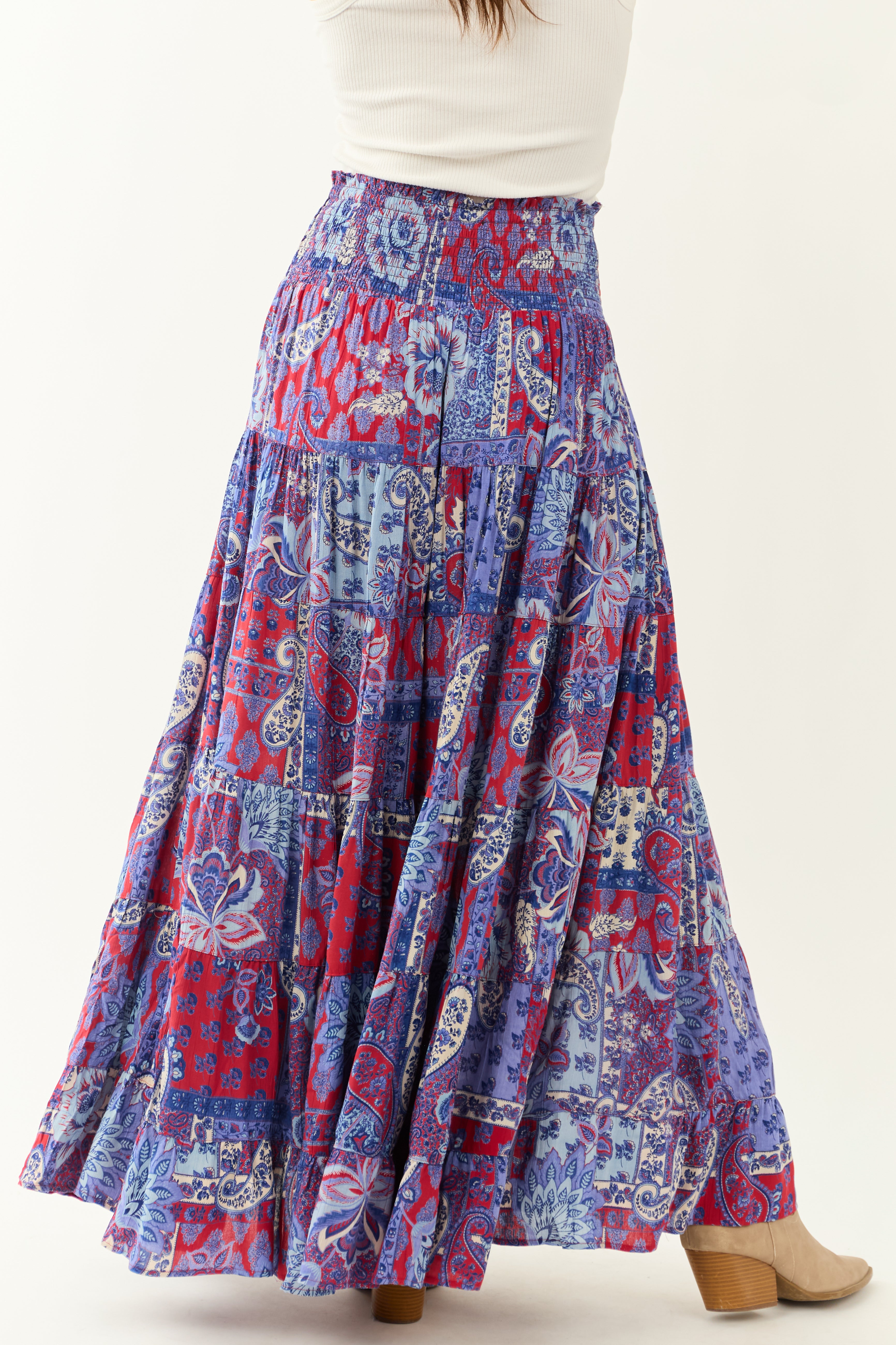 Cobalt Floral Print Smocked Tiered Maxi Skirt