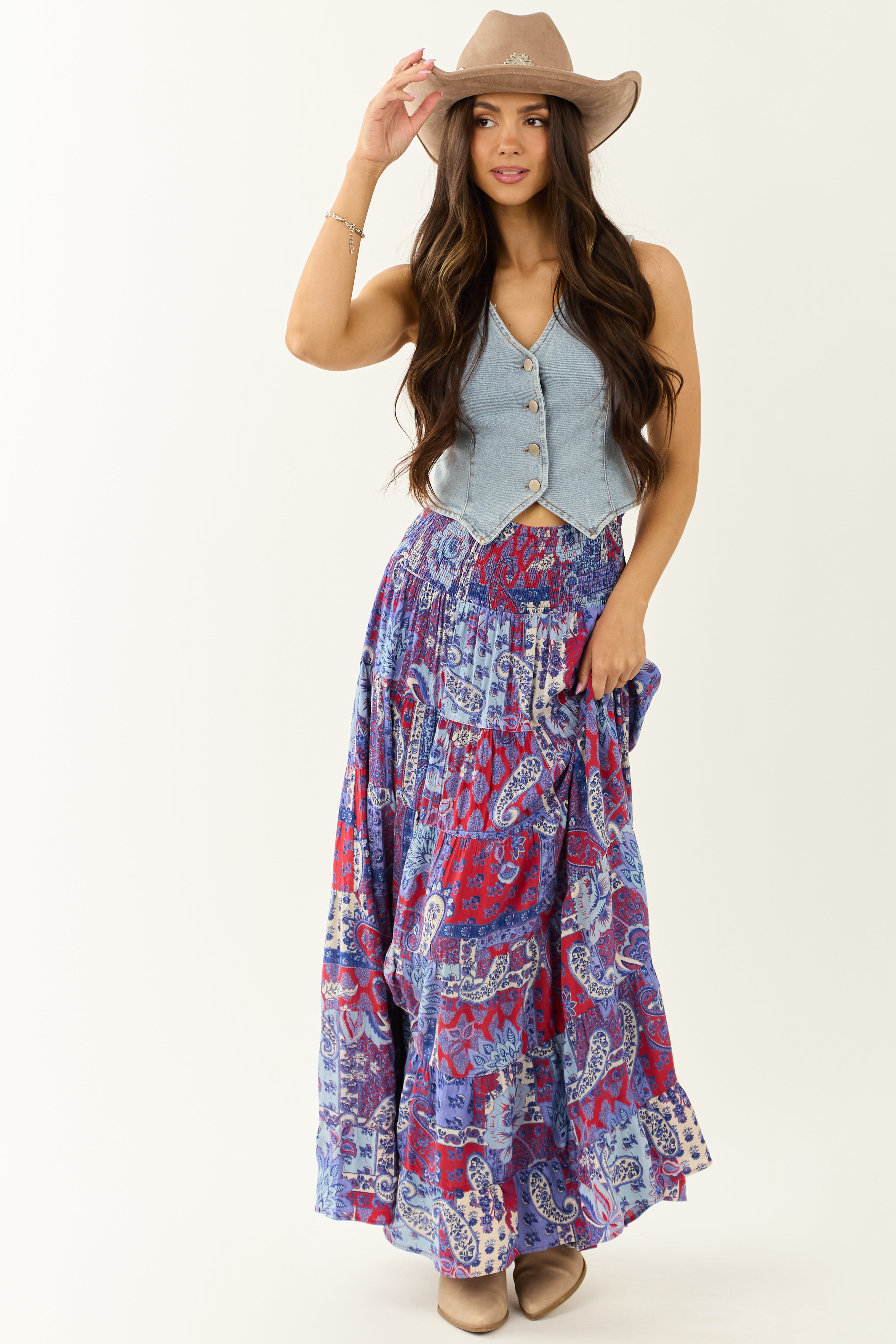 Cobalt Floral Print Smocked Tiered Maxi Skirt