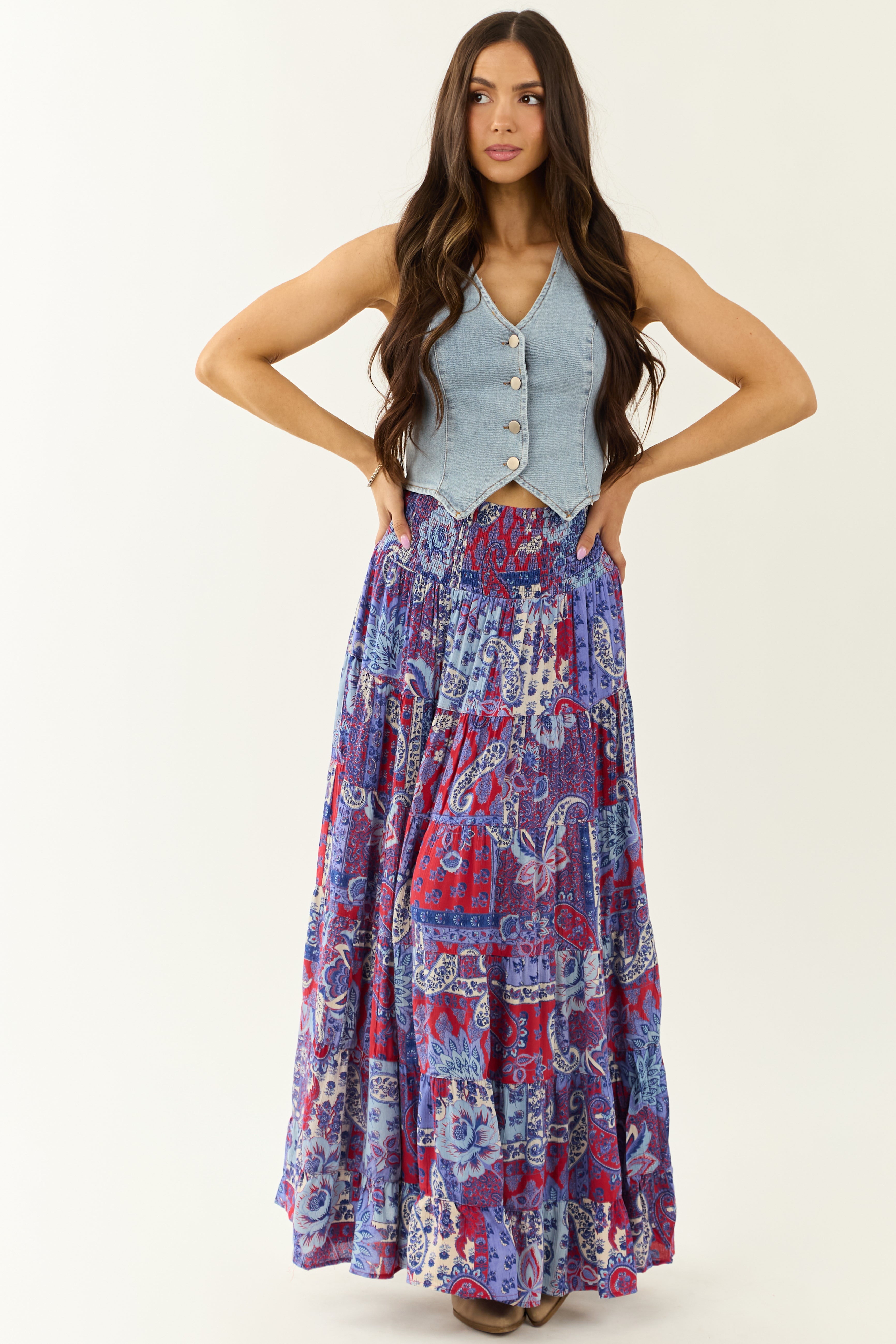 Cobalt Floral Print Smocked Tiered Maxi Skirt